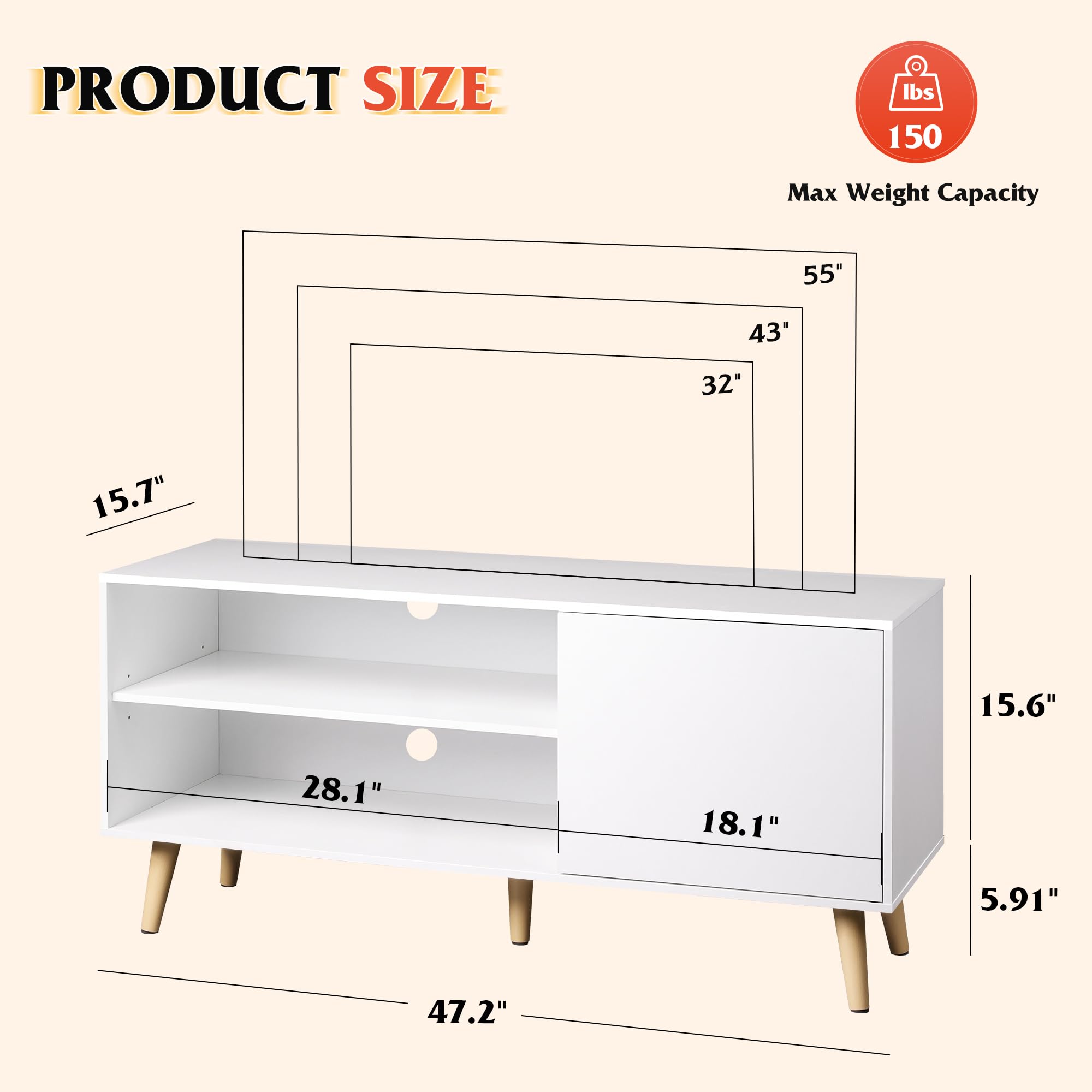 WLIVE Mid-Century Modern TV Stand for 55 Inch TVs - Entertainment Center with Storage Cabinet, 50