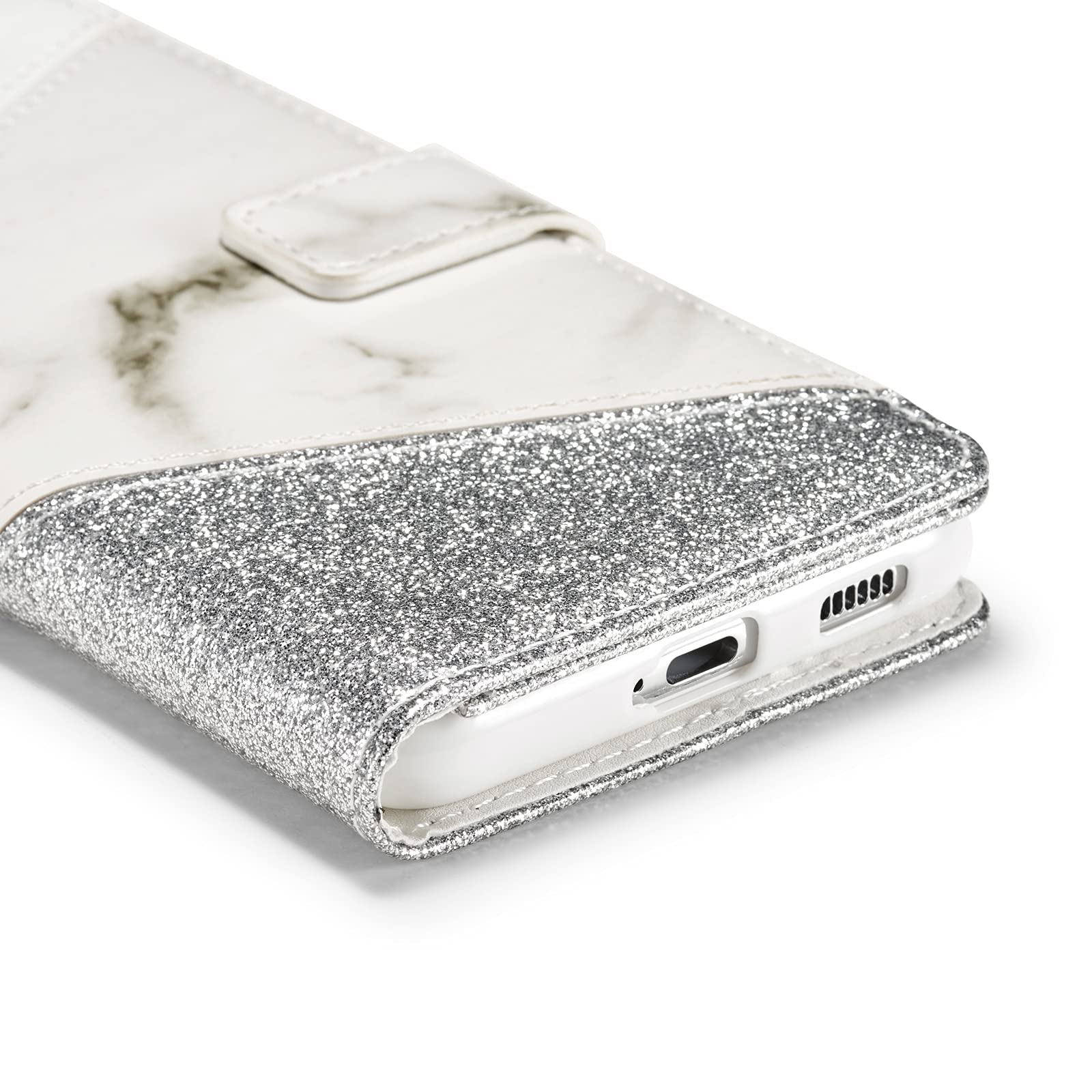 Premium Bling Glitter PU Leather Wallet Case for Samsung Galaxy S22 - Ceramic Pattern Soft TPU Folio Flip Cover with Card Slots (White) | Perfect for Everyday Use, Travel & Business Meetings
