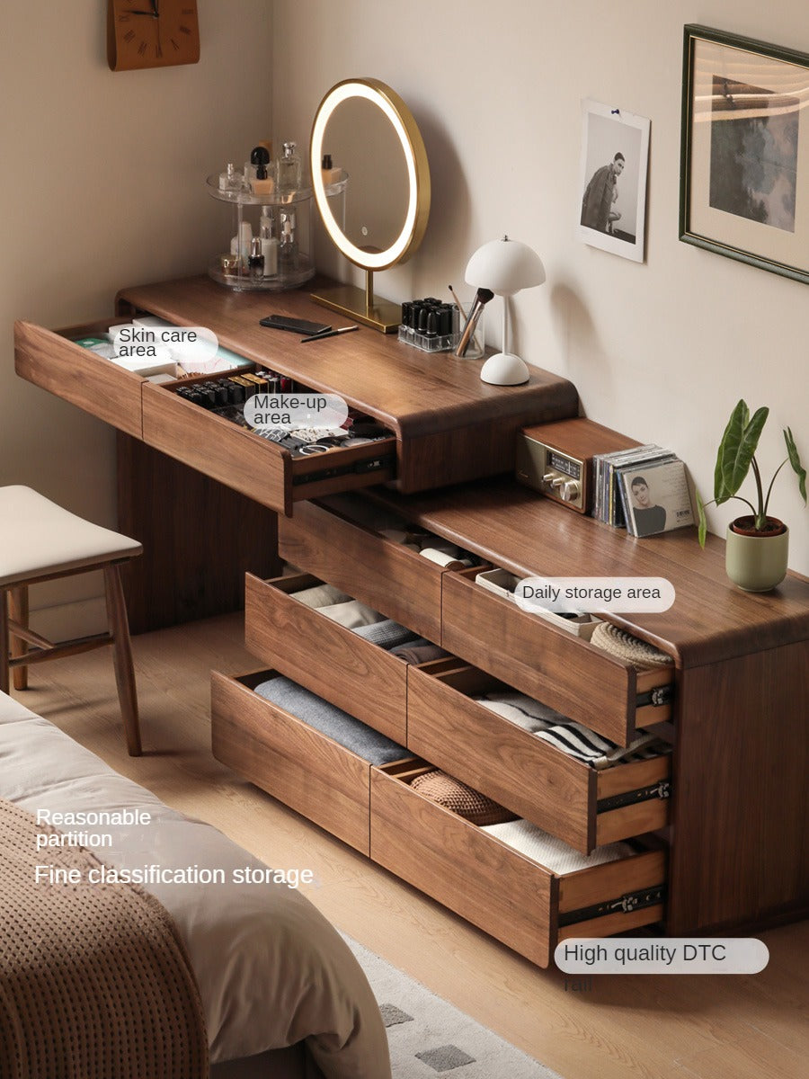 Solid Black Walnut Wood Dressing Table with Drawers - Elegant Vanity Desk for Bedroom, Makeup & Jewelry Storage