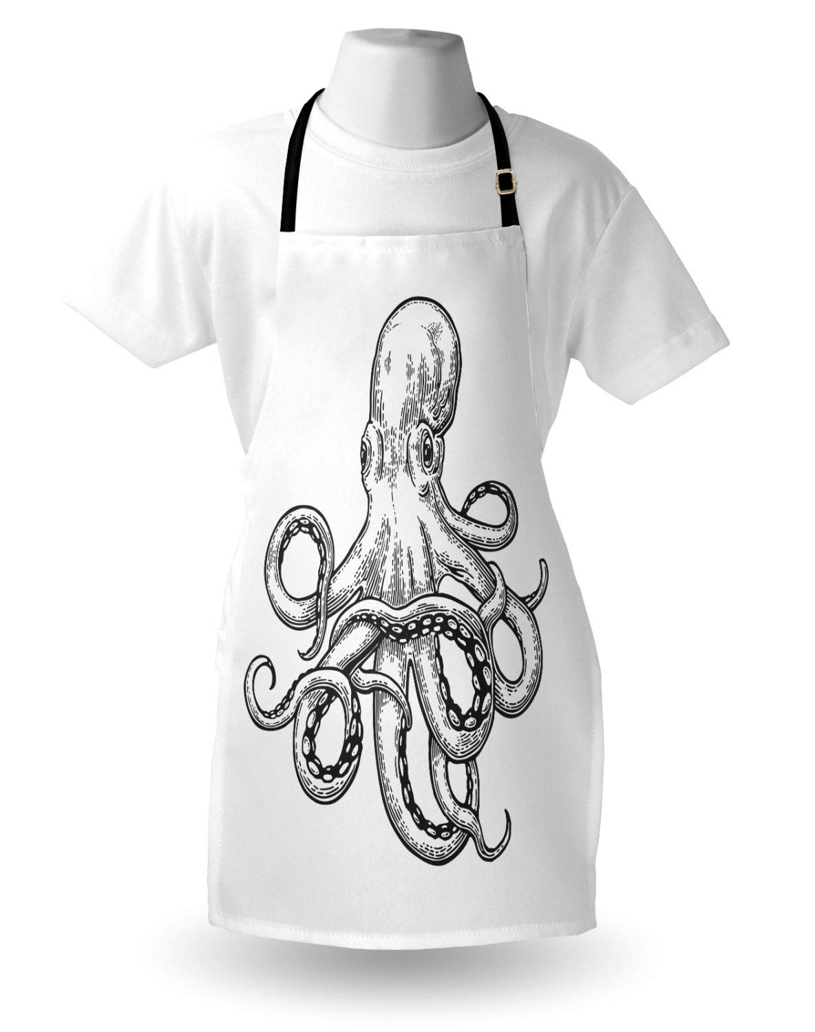 Ambesonne Octopus Print Apron - Classic Nautical Monochrome Design with Tentacles - Adjustable Neck Unisex Kitchen Bib for Cooking, Baking & Grilling - Perfect for Home Chefs & Gardeners - Adult Size White & Charcoal Grey