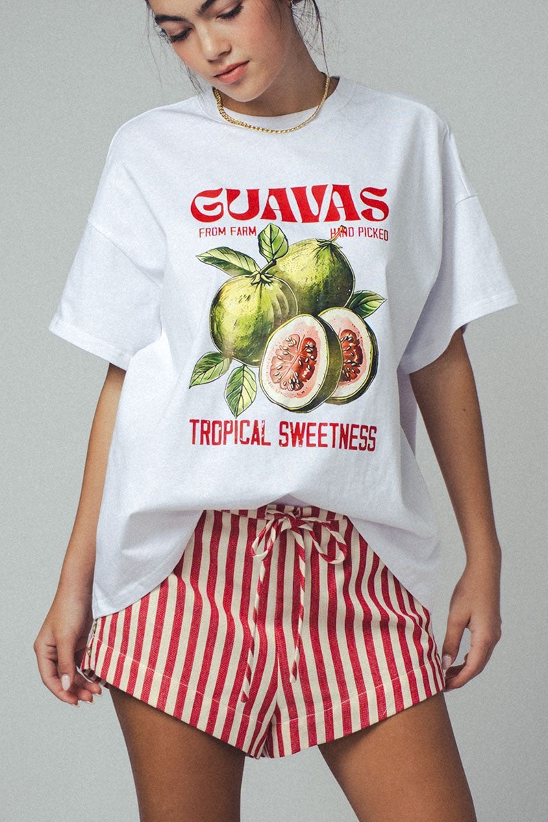 Trendy Tropical Guava Sweetness Graphic T-Shirt for Women - Soft Cotton Casual Tee for Summer Outings & Beach Vacations