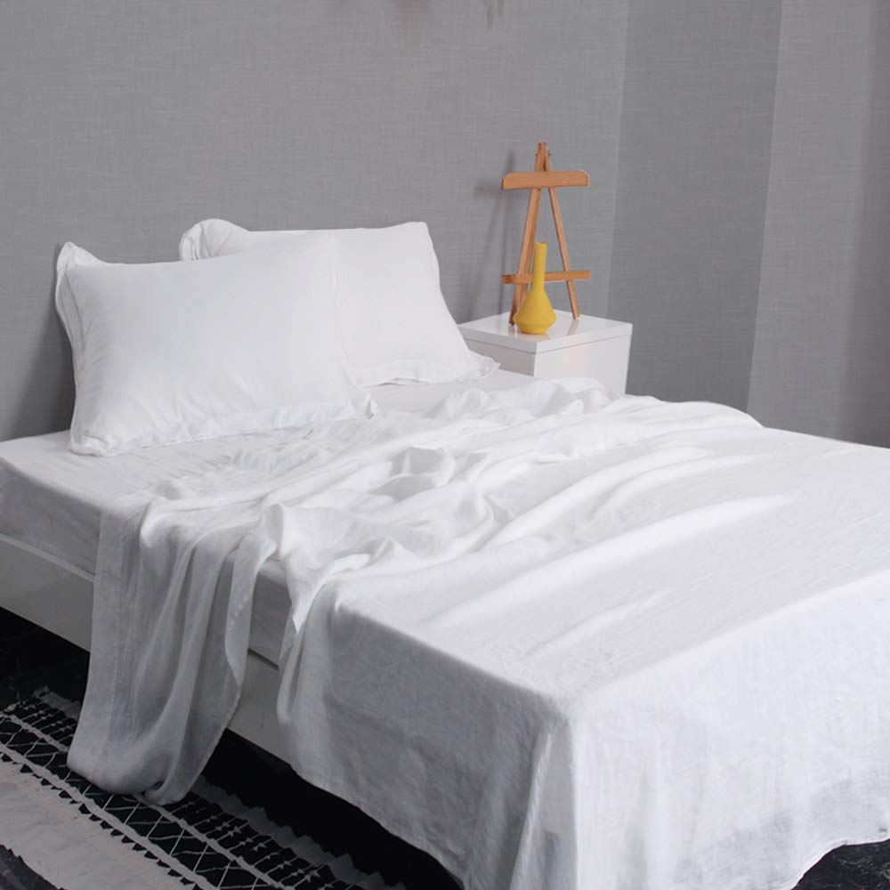 Premium 100% Organic French Linen Sheet Set - Stone Washed Ultra Soft Flax Bedding (Full 4pc, White) | Eco-Friendly Luxury Bed Sheets for Master Bedroom & Guest Room