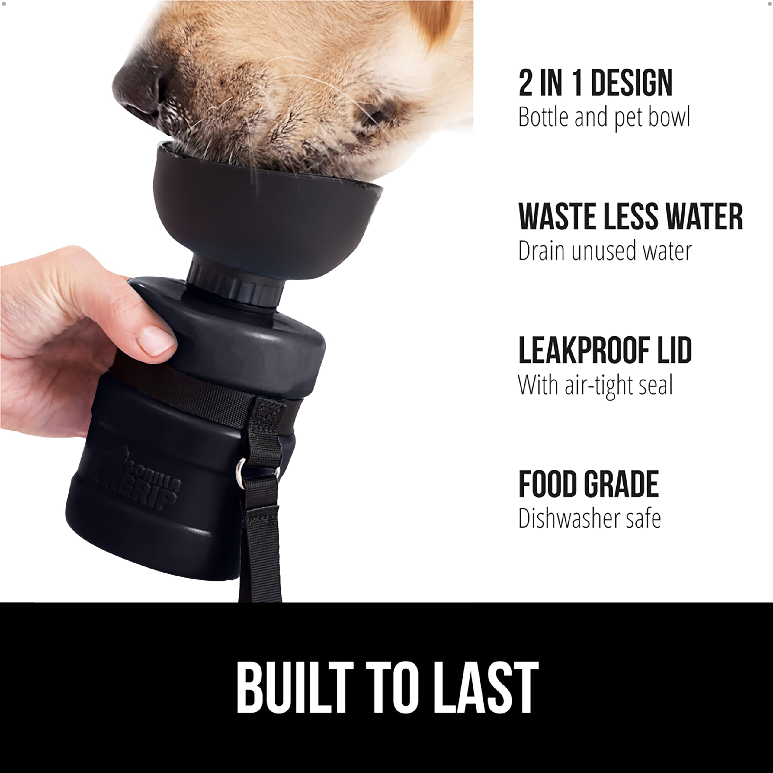 GORILLA GRIP 12oz Leak Proof Dog Water Bottle with Portable Bowl - BPA Free Food Grade Silicone Pet Travel Water Dispenser for Hiking, Camping & Outdoor Adventures - Essential Puppy Accessories for Active Dogs