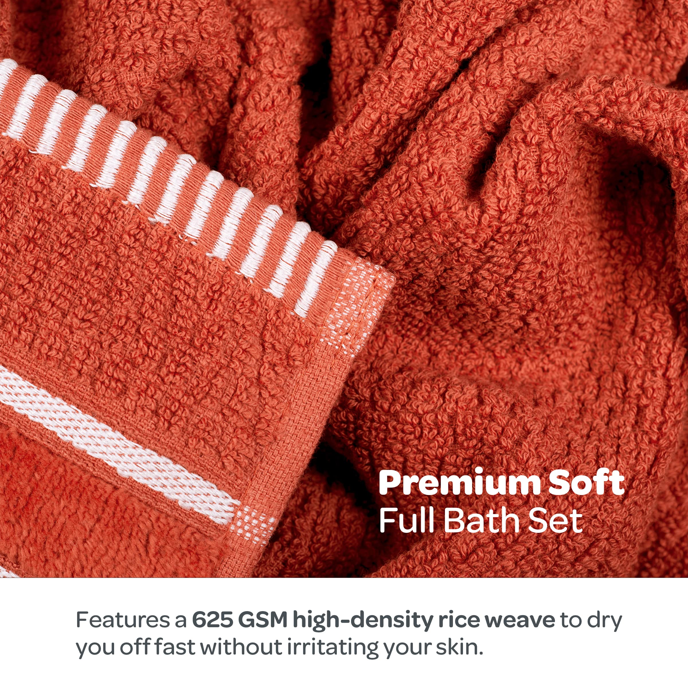 Bedford Home 100% Cotton Rice Weave 6-Piece Bath Towel Set - Soft & Absorbent, Brick Color - Perfect for Bathroom, Spa, and Beach Use