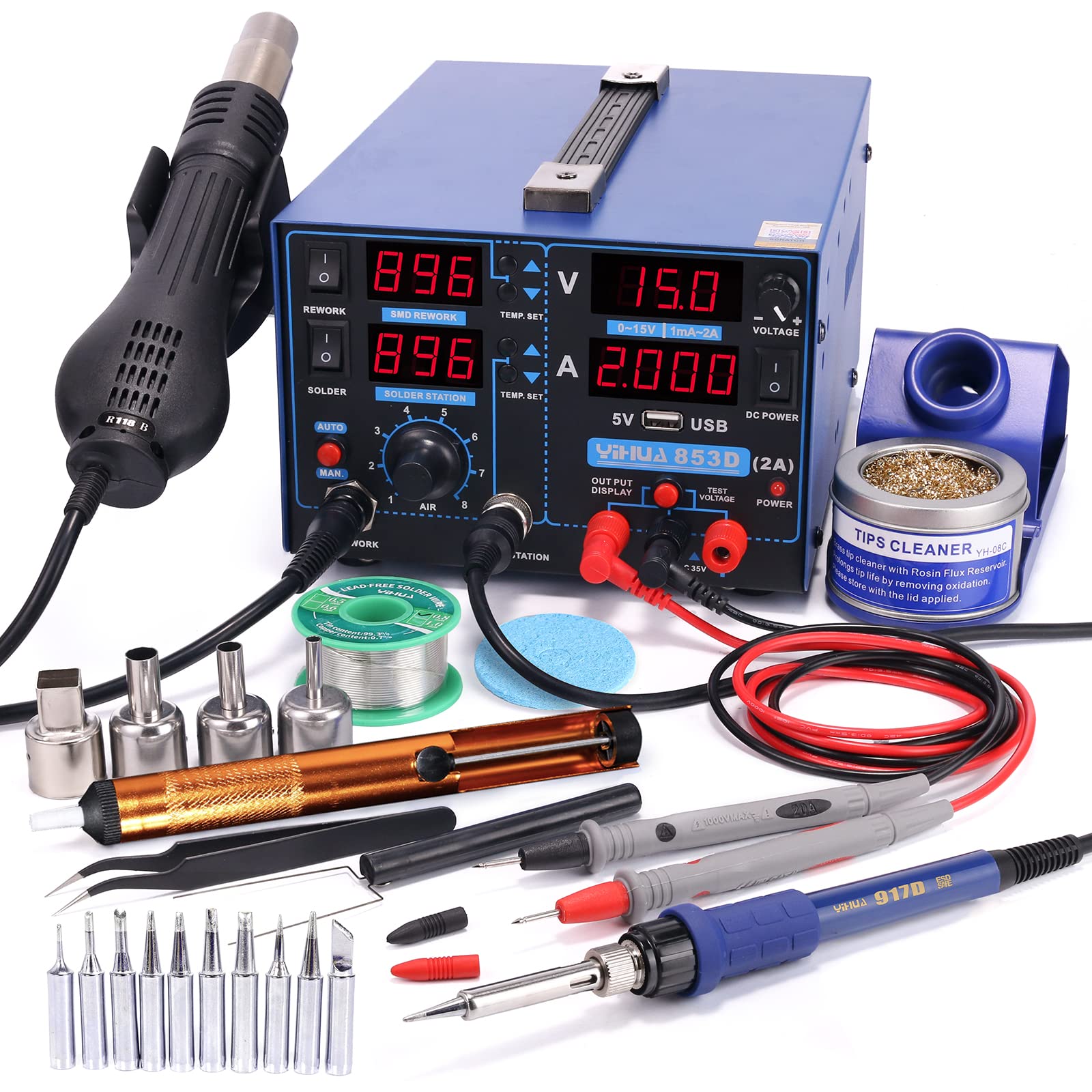 YIHUA 853D 2A USB Professional Soldering Station with Rework & Power Supply | Includes 928D-III High Power Soldering Iron, Cleaning Kit & Accessories | Perfect for Electronics Repair, DIY Projects & PCB Work