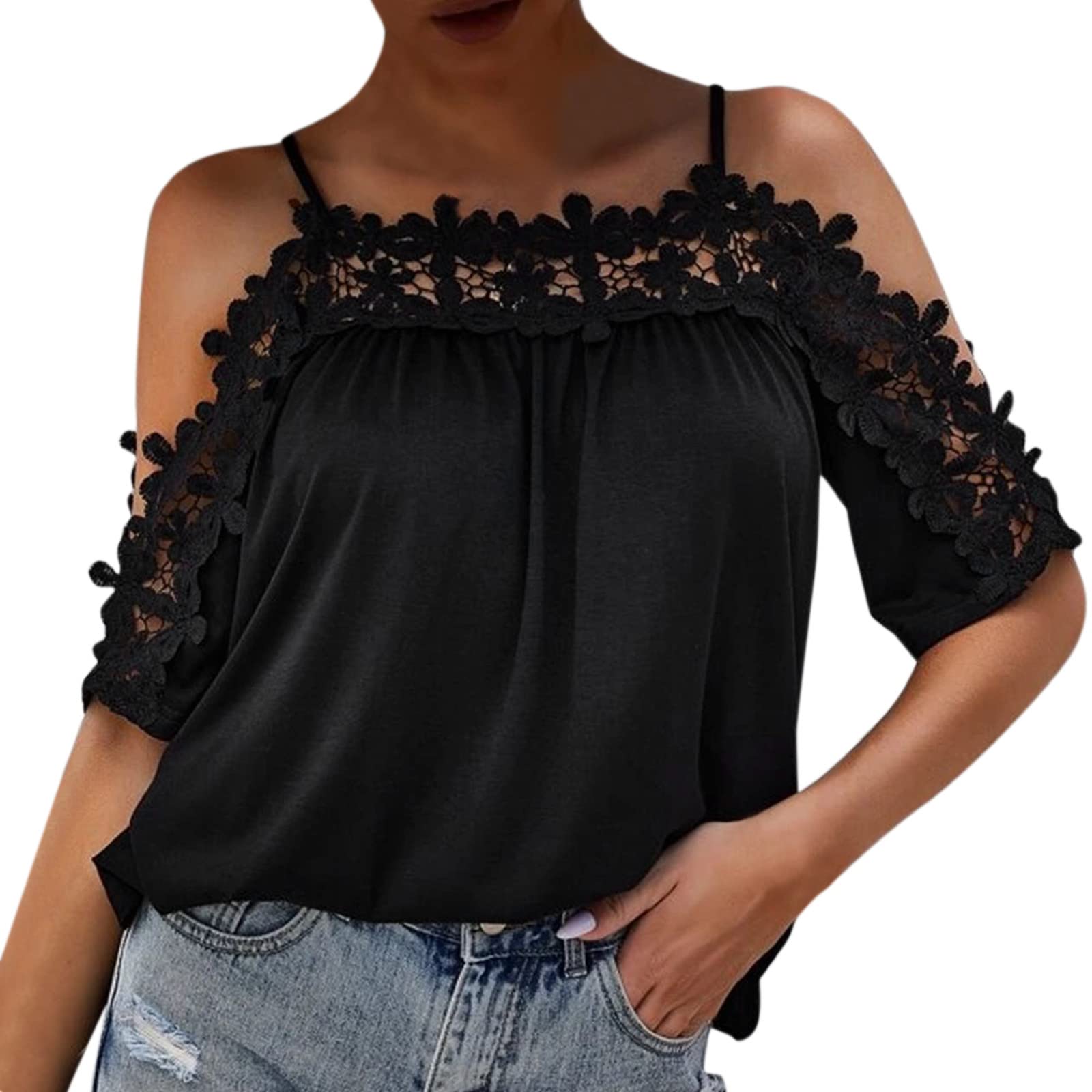 Women's Polyester T-Shirts - Half Sleeve Lace Crochet Top with Flowy One-Line Neck in Solid Colors | Perfect for Summer Outfits, Beach Wear, and Casual Occasions