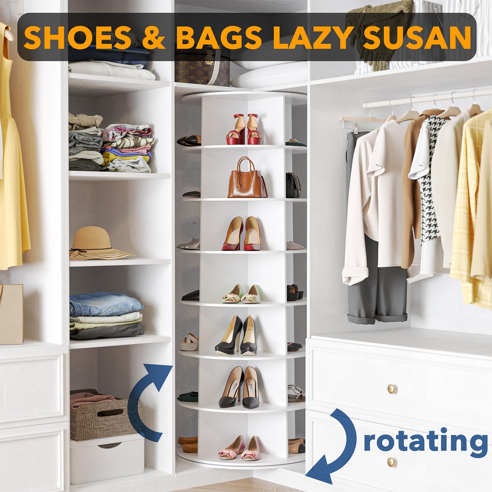 SpaceAid 7-Tier Rotating Shoe Rack Tower - 360° Spinning Shoe Storage Organizer for Closet, Handbags & Accessories | White Lazy Susan Carousel Display | Perfect for Small Spaces, Bedroom & Entryway Organization