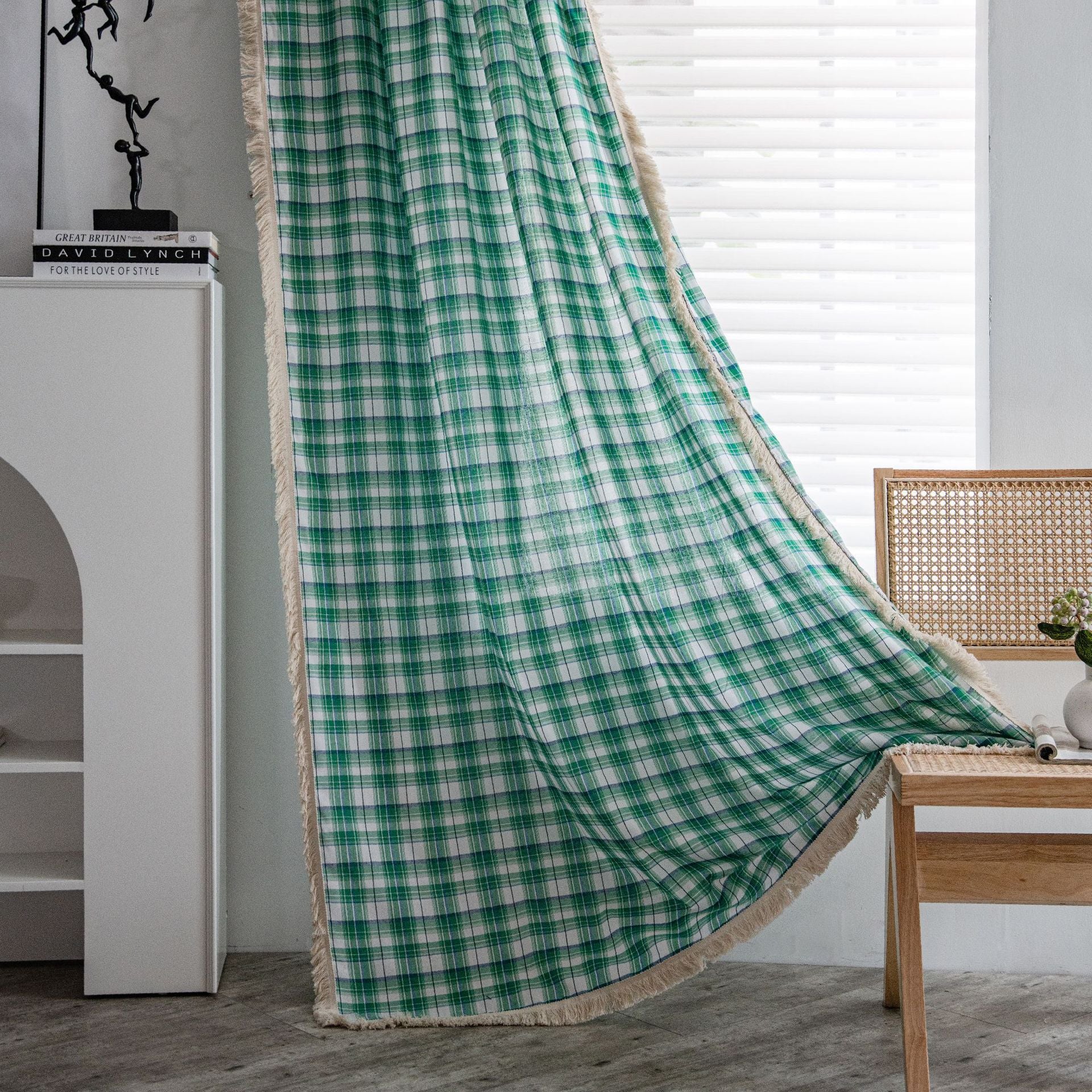 Mina Green Gingham Plaid Light Filtering Custom Curtains with Tassels - Perfect for Living Room, Bedroom & Nursery Window Treatments