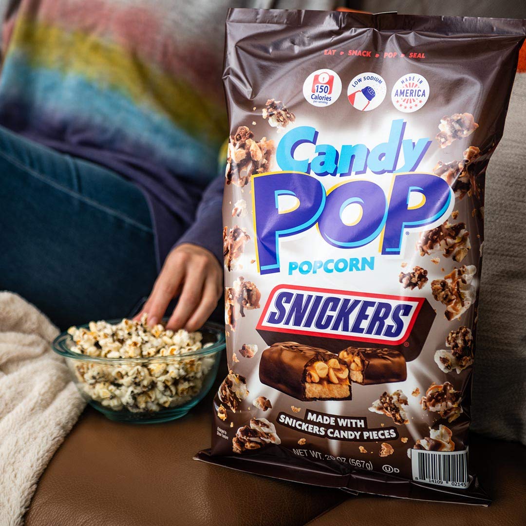 Snickers Candy Coated Popcorn - 5.25oz Bags (Pack of 12) | Made with Real Snickers Pieces | Sweet & Crunchy Snack for Movie Nights, Parties & Gifts