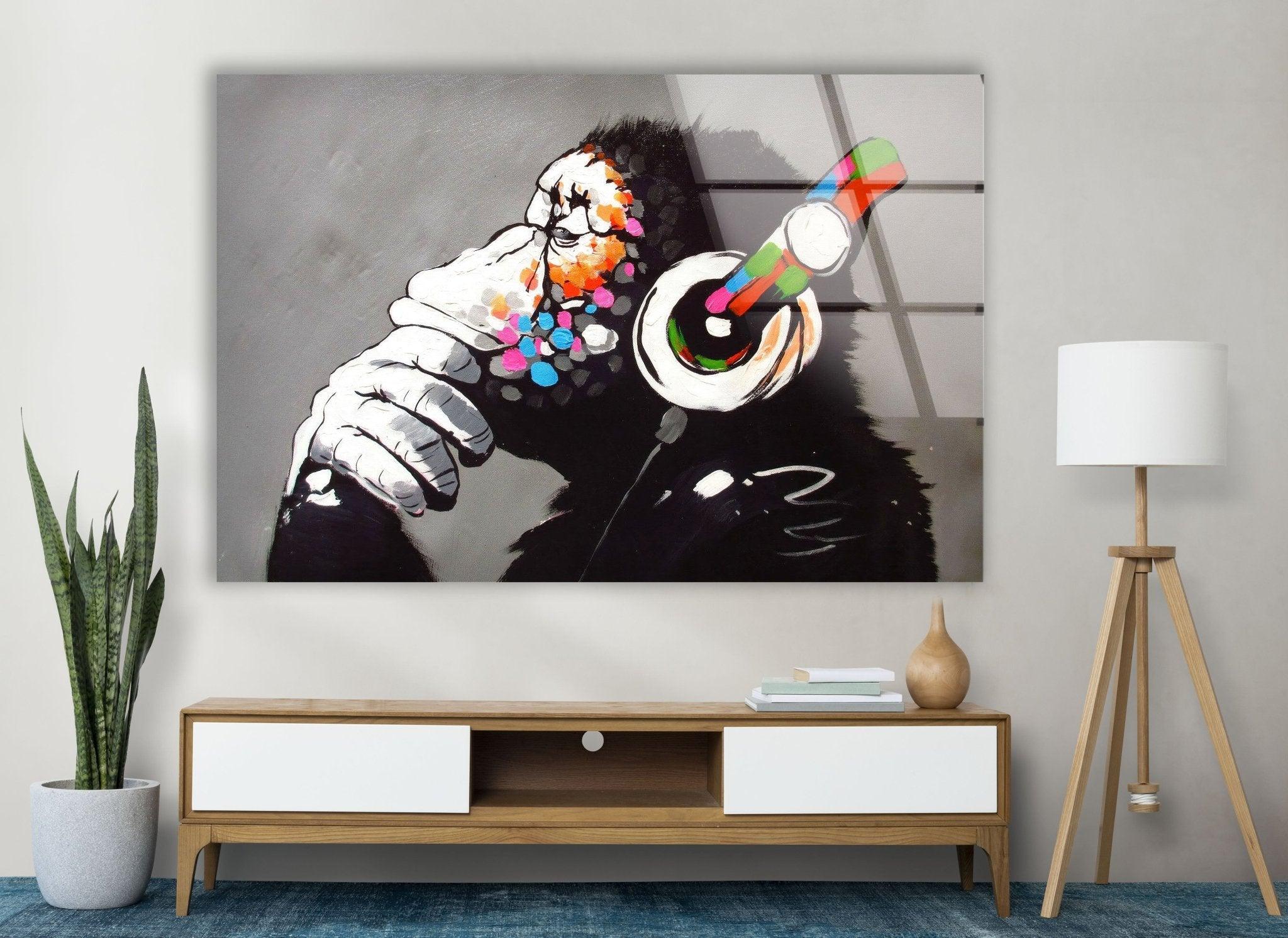 Banksy DJ Monkey Gorilla Thinking Glass Wall Art - Modern Canvas Print for Home & Office Decor - Perfect for Living Room, Bedroom or Studio