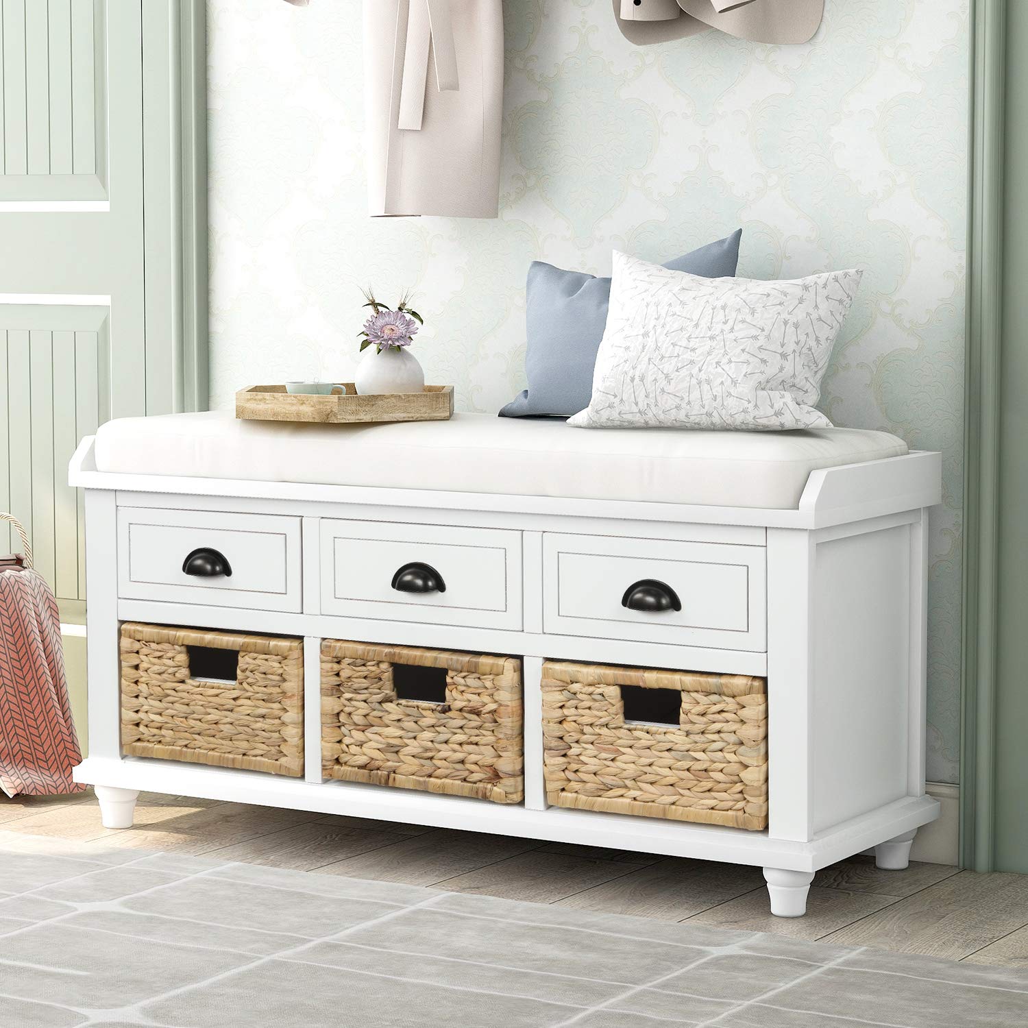 P PURLOVE Fully Assembled White Wooden Storage Bench with 3 Drawers & 3 Baskets - Entryway Shoe Bench with Removable Cushion for Living Room, Hallway & Home Organization - Perfect for Small Space Storage & Entryway Seating