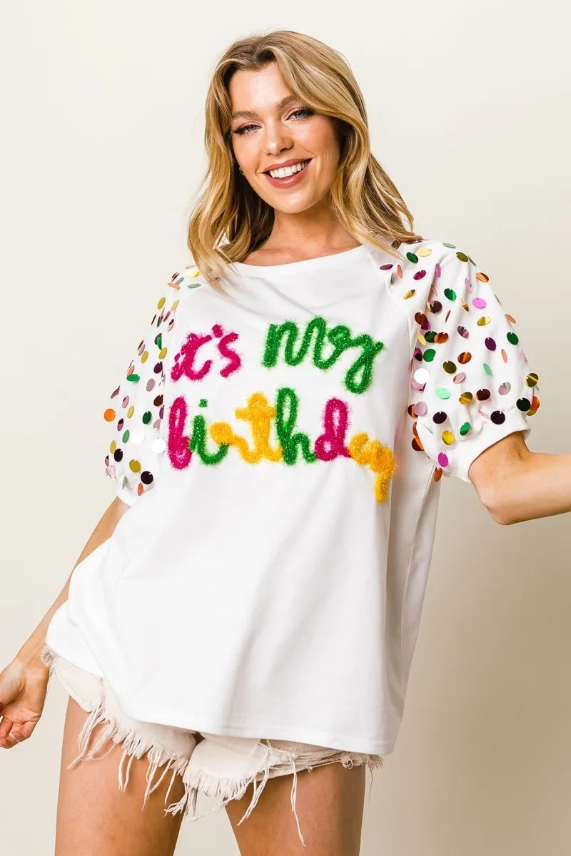 BiBi Metallic Letter Spangle Raglan Puff Sleeve Top | Trendy Women's Graphic Tee for Casual Wear, Party & Date Night Outfits