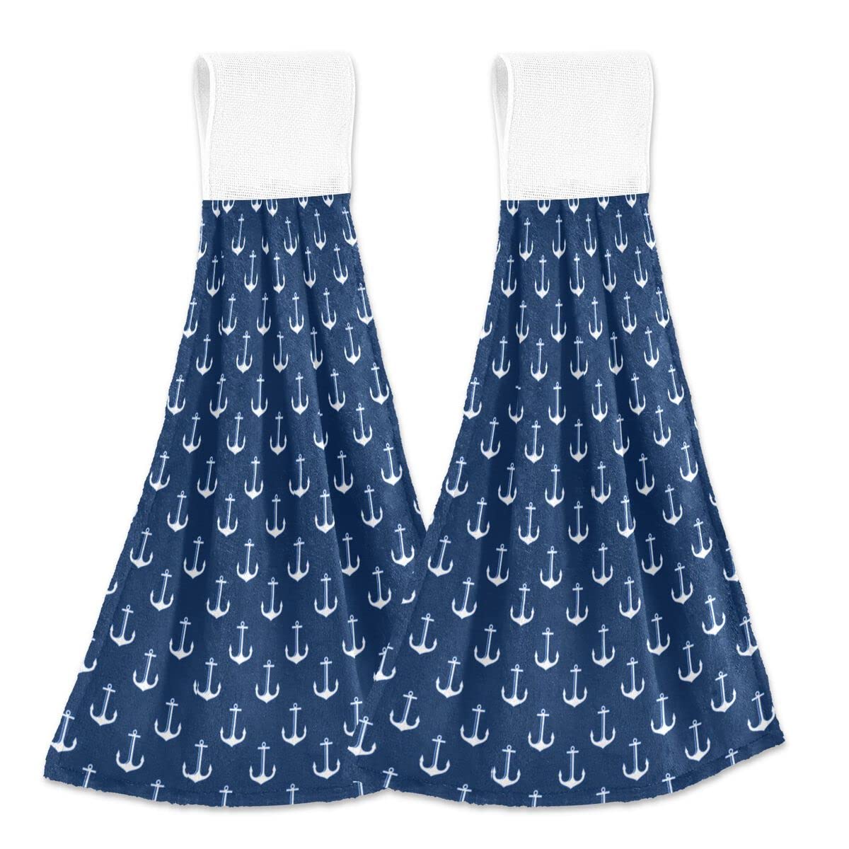 Nautical Blue and White Anchor Kitchen Towels Set of 2 - Soft Coral Velvet Absorbent Dish Towels with Hanging Loops - Perfect for Kitchen, Bathroom, and Summer Beach House Decor