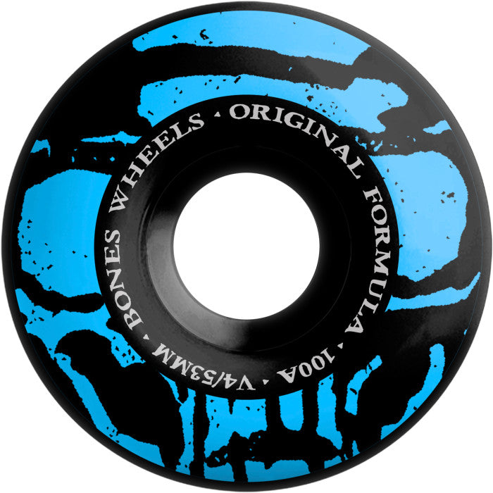 BONES WHEELS OG Formula Skateboard Wheels 53mm 100A - 4pk Black Mummy Skulls Design - V4 Wide Shape for Smooth Riding | Perfect for Street Skating and Park Tricks
