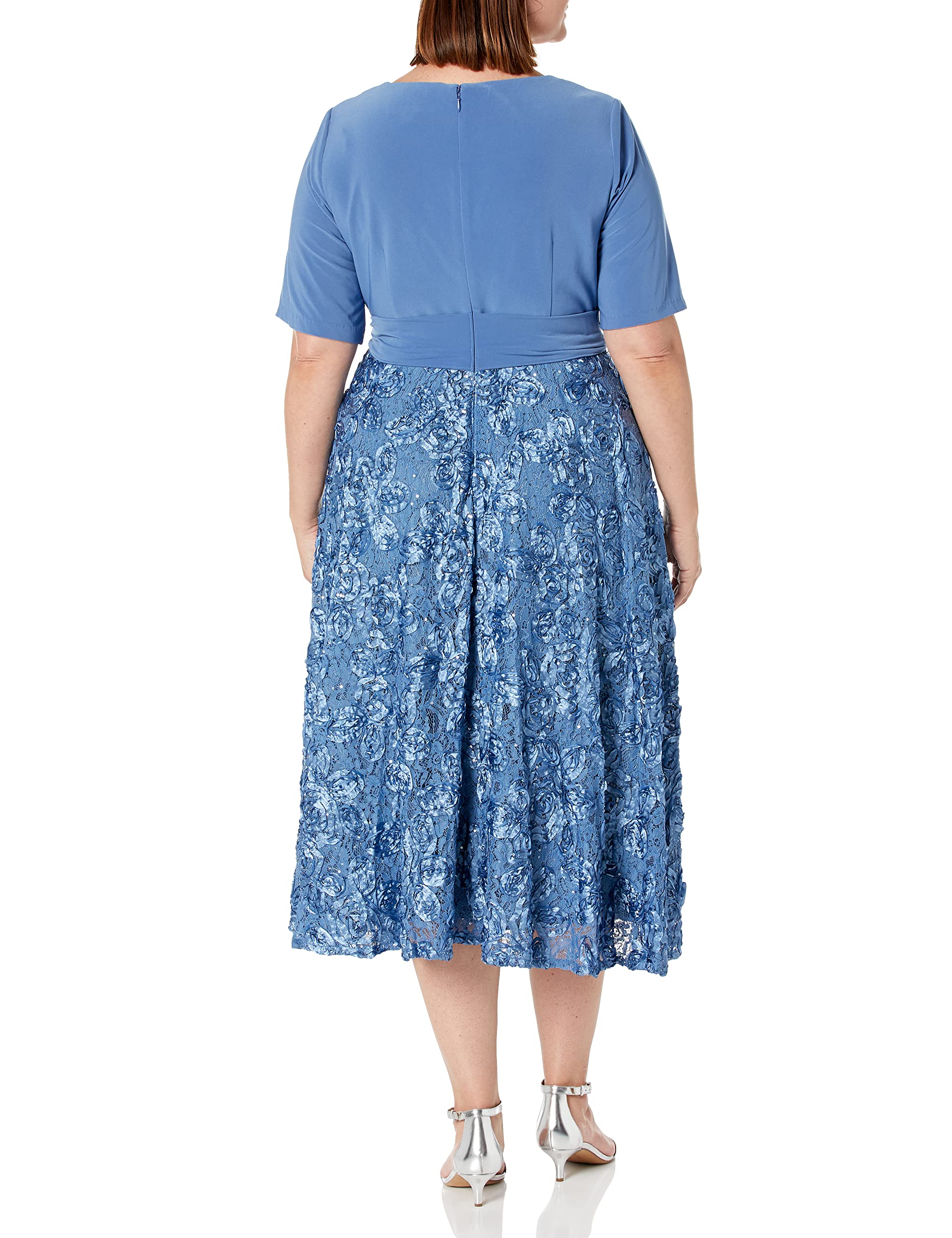 Alex Evenings Women's Plus Size Floral Rosette Tea Length Party Dress for Weddings, Cocktail Events & Special Occasions