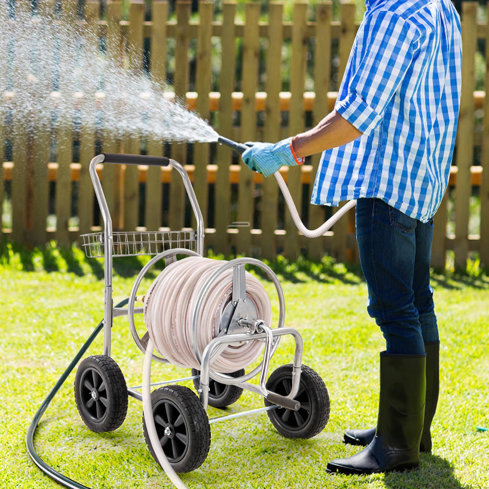 VEVOR Heavy Duty 250 ft Hose Reel Cart with 4 Wheels & Storage Basket - 5/8