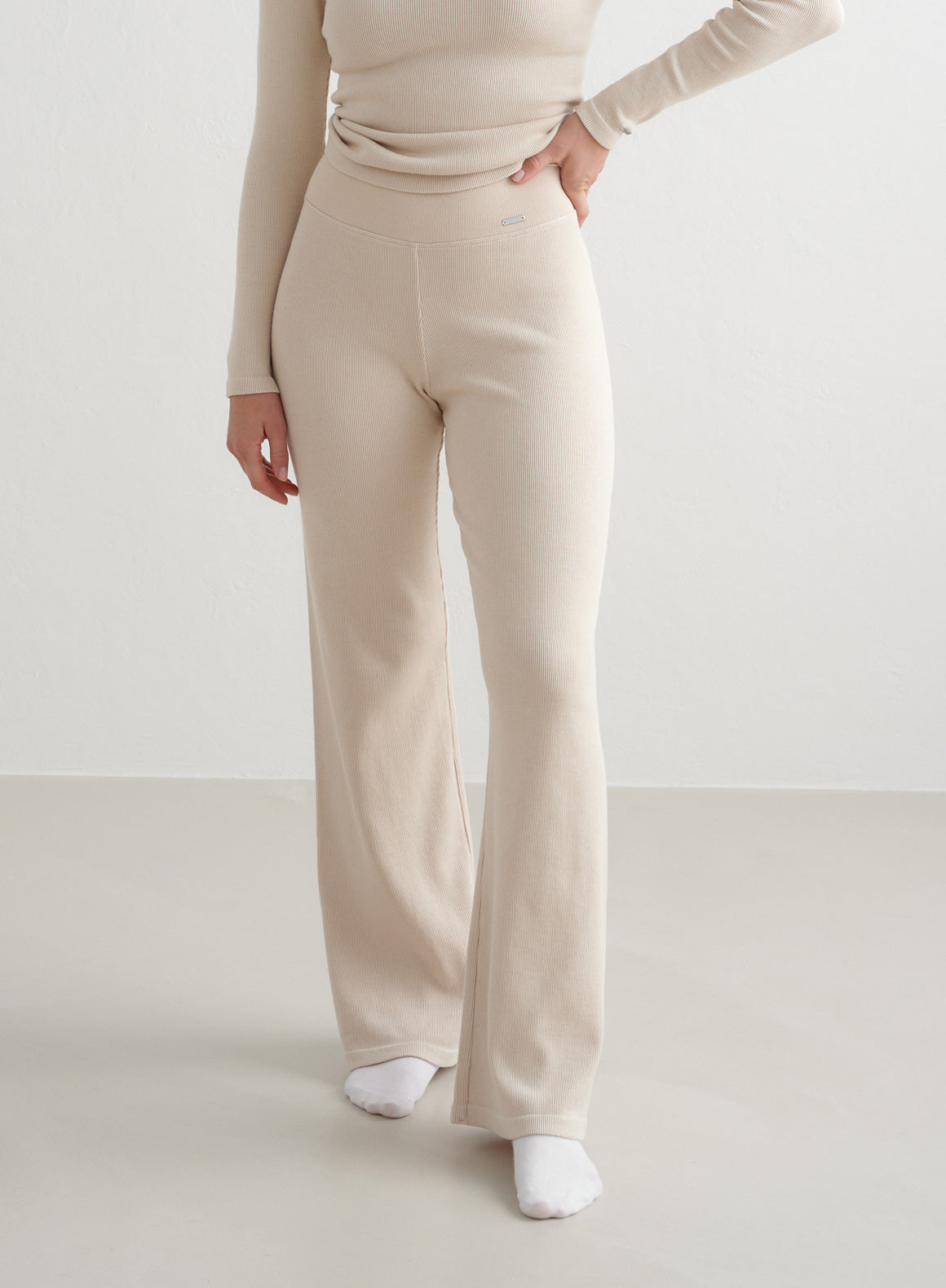 Café Au Lait Ribbed Wool Wide Leg Pants for Women - Comfortable Winter Trousers for Office, Travel & Casual Wear