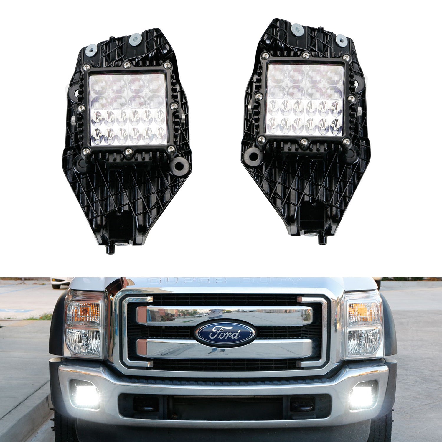 100W Hybrid Beam LED Pods with Fog Light Bracket & Wiring Kit - Compatible with 2011-2016 Ford F250 F350 Super Duty - Off-Road, Fog Lights, Night Driving, Work Trucks