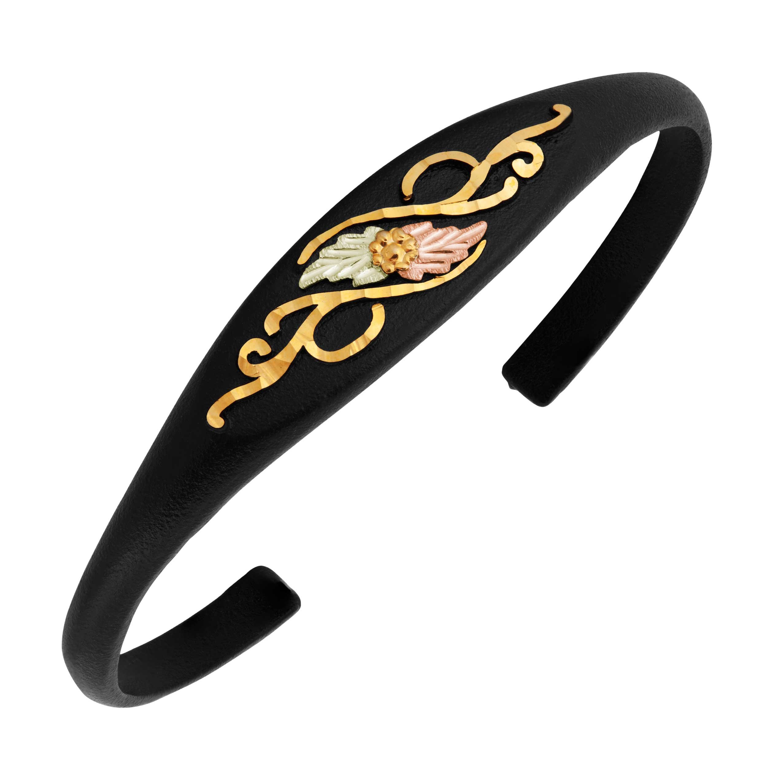 10k Yellow Gold Black Leaf Cuff Bracelet with 12k Rose & Green Gold Black Hills Gold Trim - Elegant Jewelry for Women, Perfect for Weddings, Anniversaries & Special Occasions