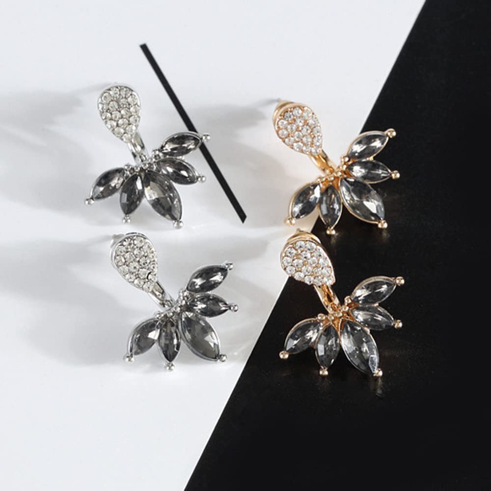 Jumwrit Silver Leaf Feather Ear Jacket with Rhinestone Teardrop Studs - Front & Back Cuff Earrings Set for Women | Elegant Jewelry for Parties, Weddings & Everyday Wear