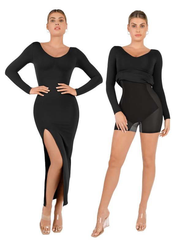 Popilush Shapewear Dress with Built-in Bra - Long Sleeve V-Neck Bodycon Maxi Dress with Side Slit | Perfect for Fall Weddings, Guest Events & Special Occasions
