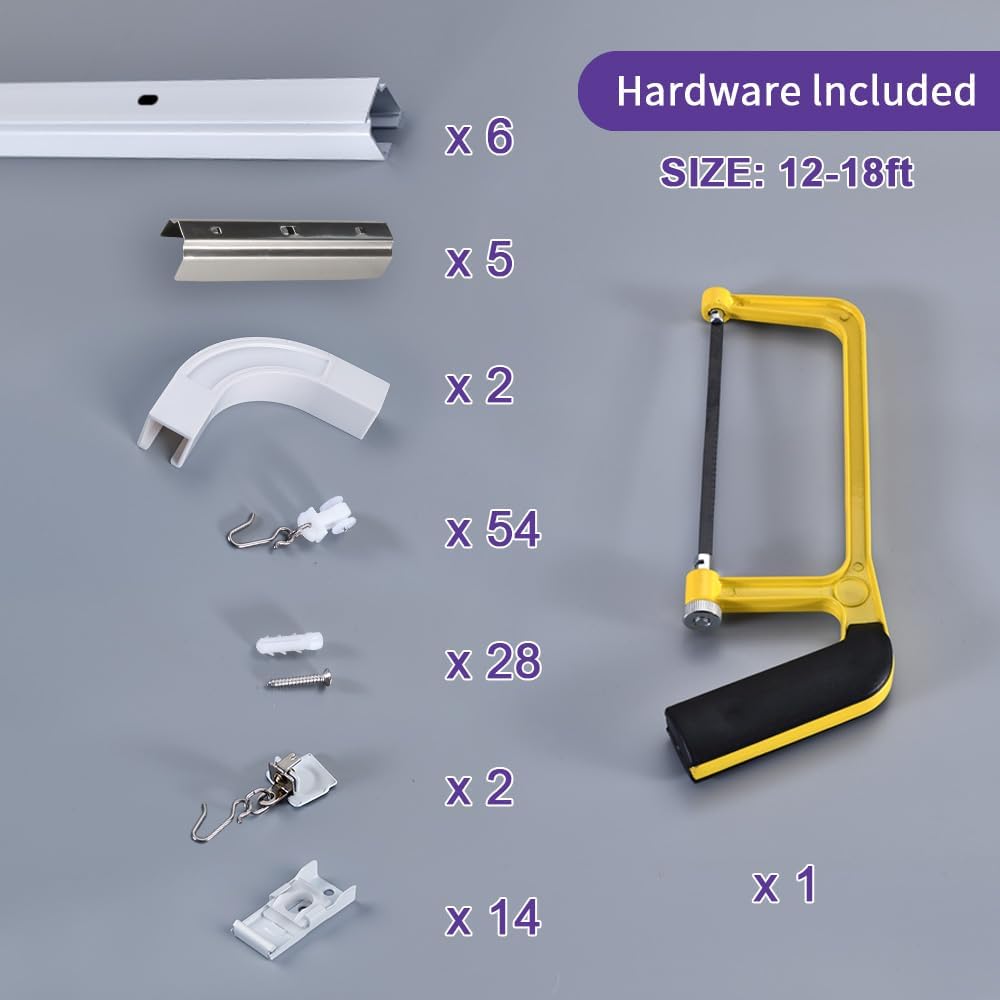 Ceiling Mount Curtain Track System - 12 to 18 ft Room Divider with Hooks, Corner Connectors & Brackets (Set of 2, White) - Perfect for Home Office, Studio Apartments and Room Partitioning