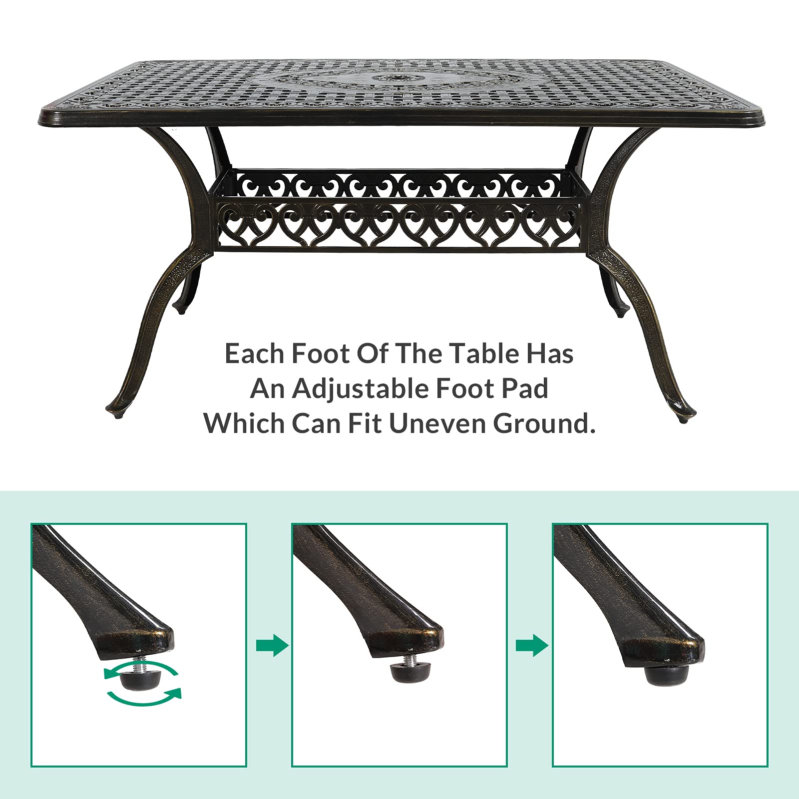 VIVIJASON Outdoor Patio Dining Table - Rustic Bronze Rectangle Cast Aluminum Table with Umbrella Hole - Perfect for Backyard BBQs, Garden Parties & Poolside Dining