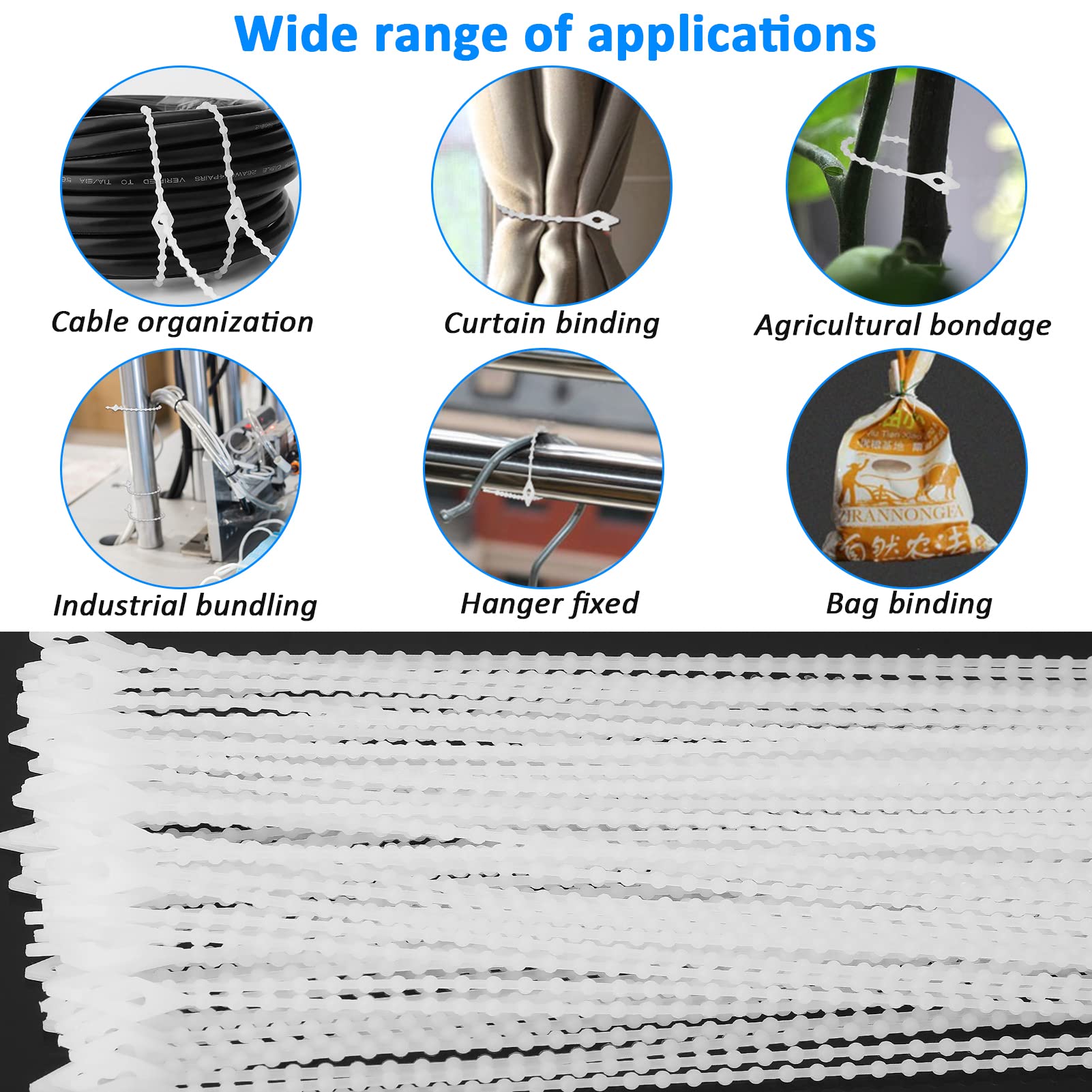100 Pack Beaded Cable Ties - Adjustable Reusable Zip Ties for Wires, Cables & Organizing - Ultra Strong Plastic Fasteners with White Beads (7 Inch) - Perfect for Home, Office & DIY Projects