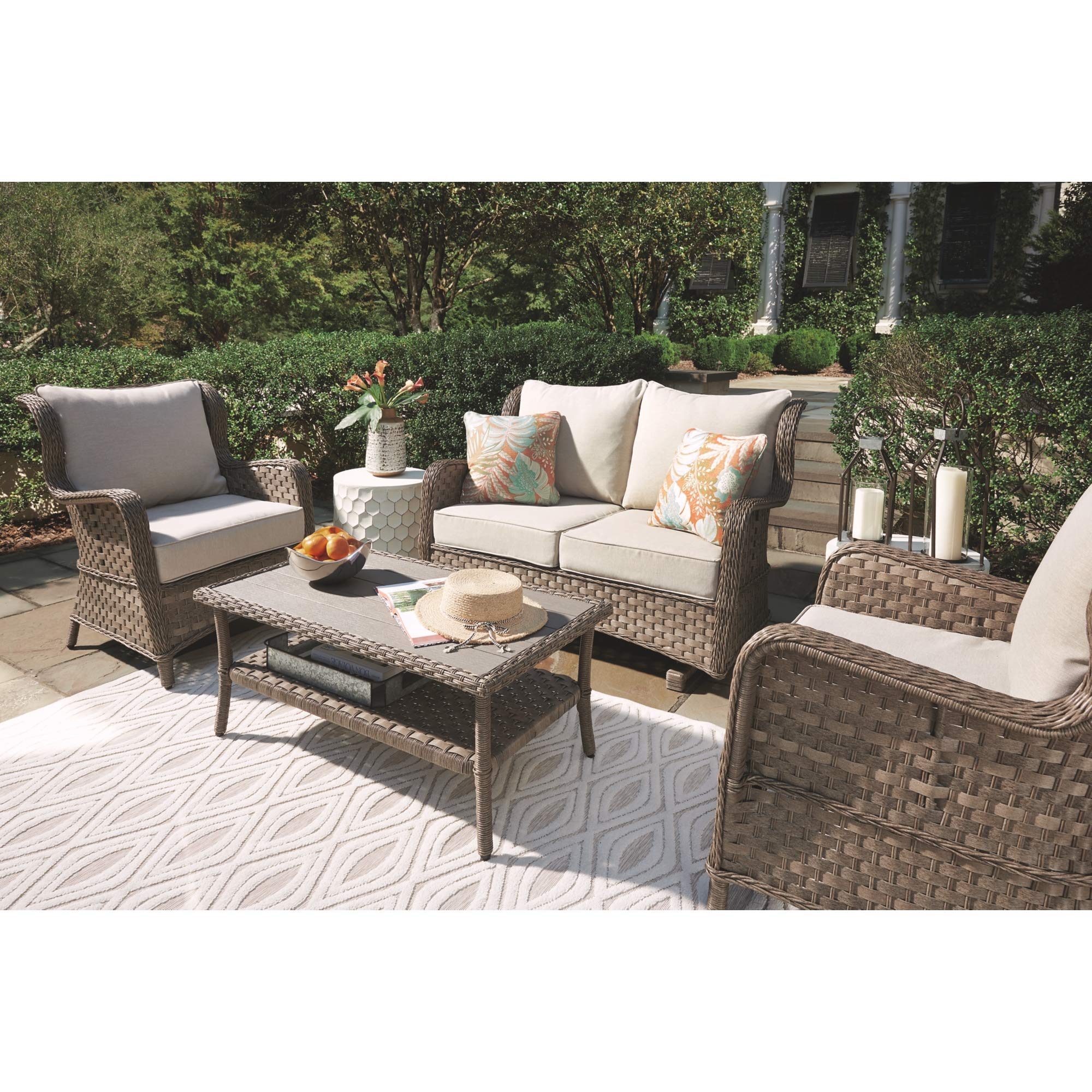 Signature Design by Ashley Clear Ridge Outdoor Handwoven Wicker Loveseat Glider with Cushions & 2 Throw Pillows, Light Brown - Perfect for Patio, Garden, or Poolside Relaxation