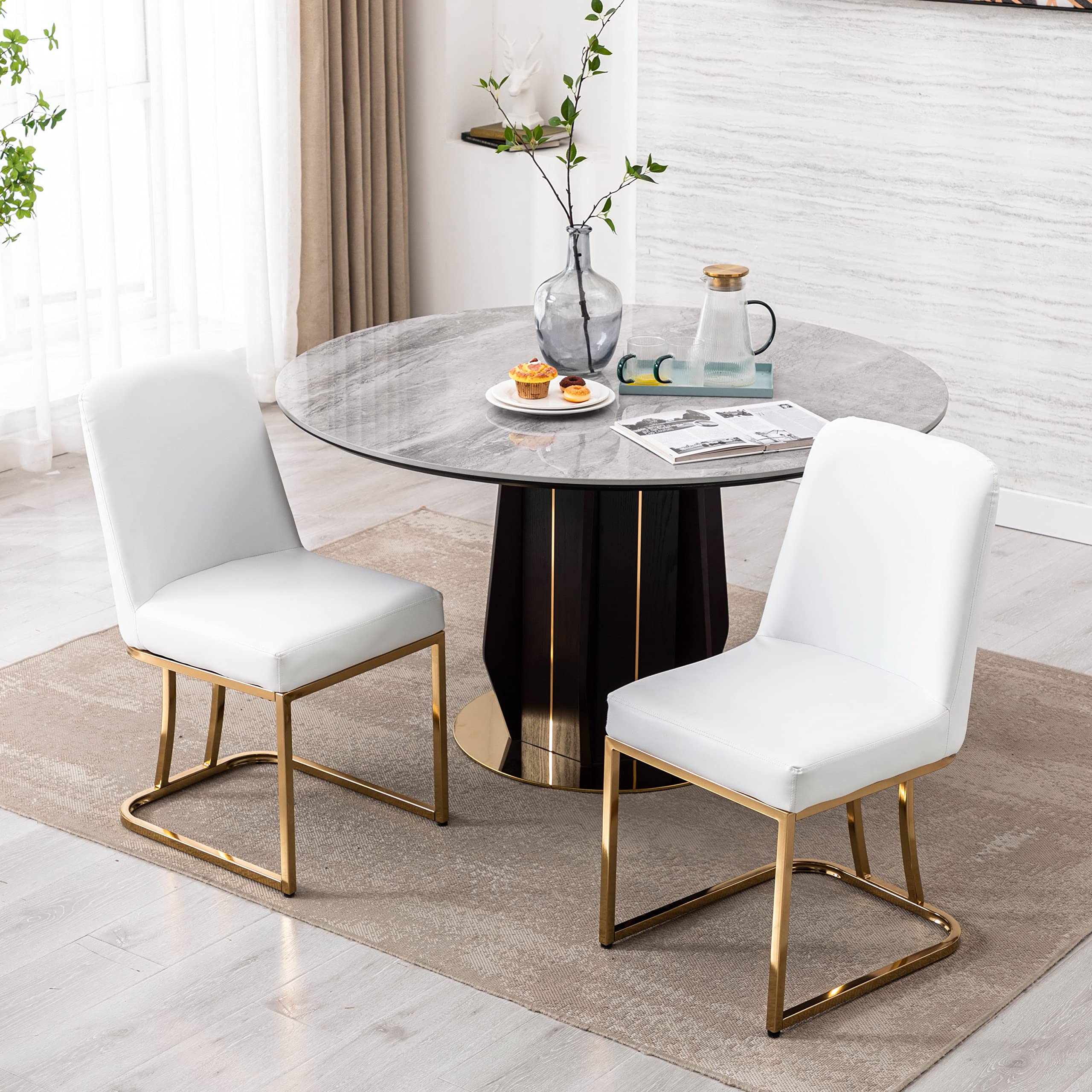 2-Piece Modern High Back Dining Chairs Set - Faux Leather Upholstered Armless Side Chairs for Dining Room & Living Room - White - Perfect for Small Spaces, Kitchen Nooks & Contemporary Home Decor