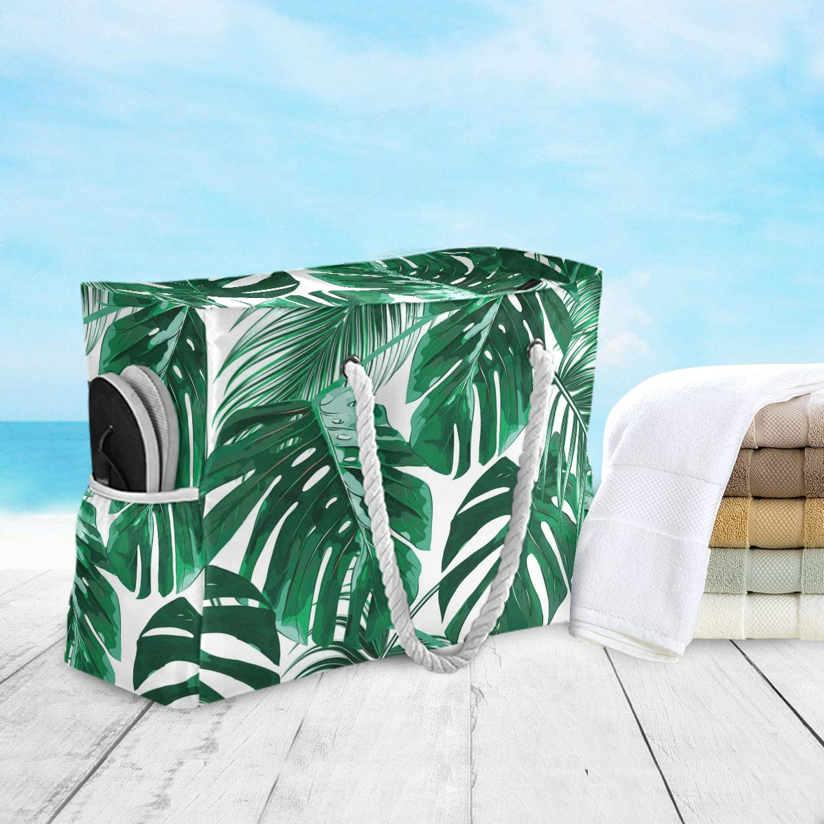 ALAZA Tropical Palm Leaves Beach Toy Bag - Durable Groceries & Essentials Tote for Seaside, Shower Stall, Swimming Pool, and Outdoor Adventures