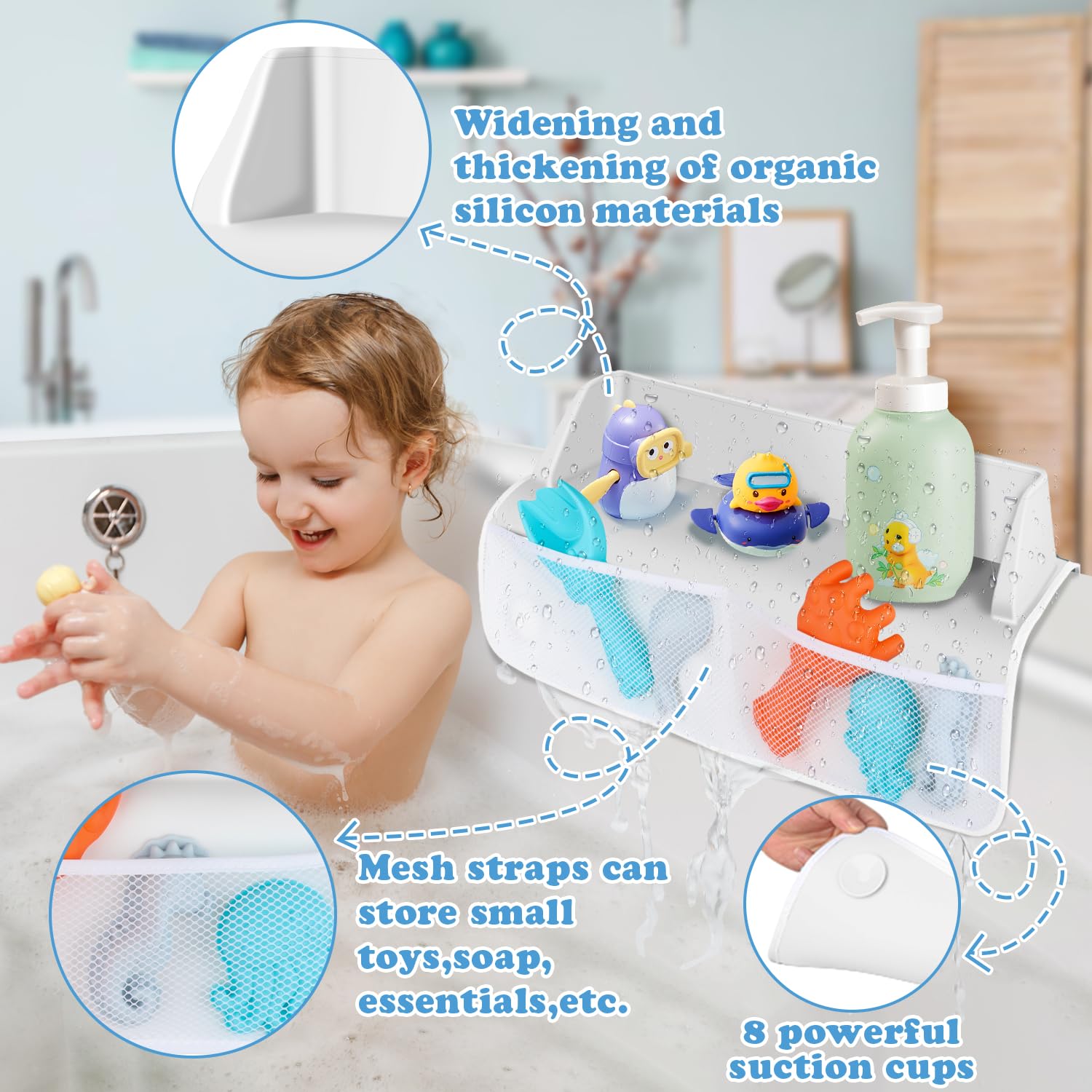 Bathtub Splash Guard with 4 Mesh Pockets & 8 Suction Cups - 22