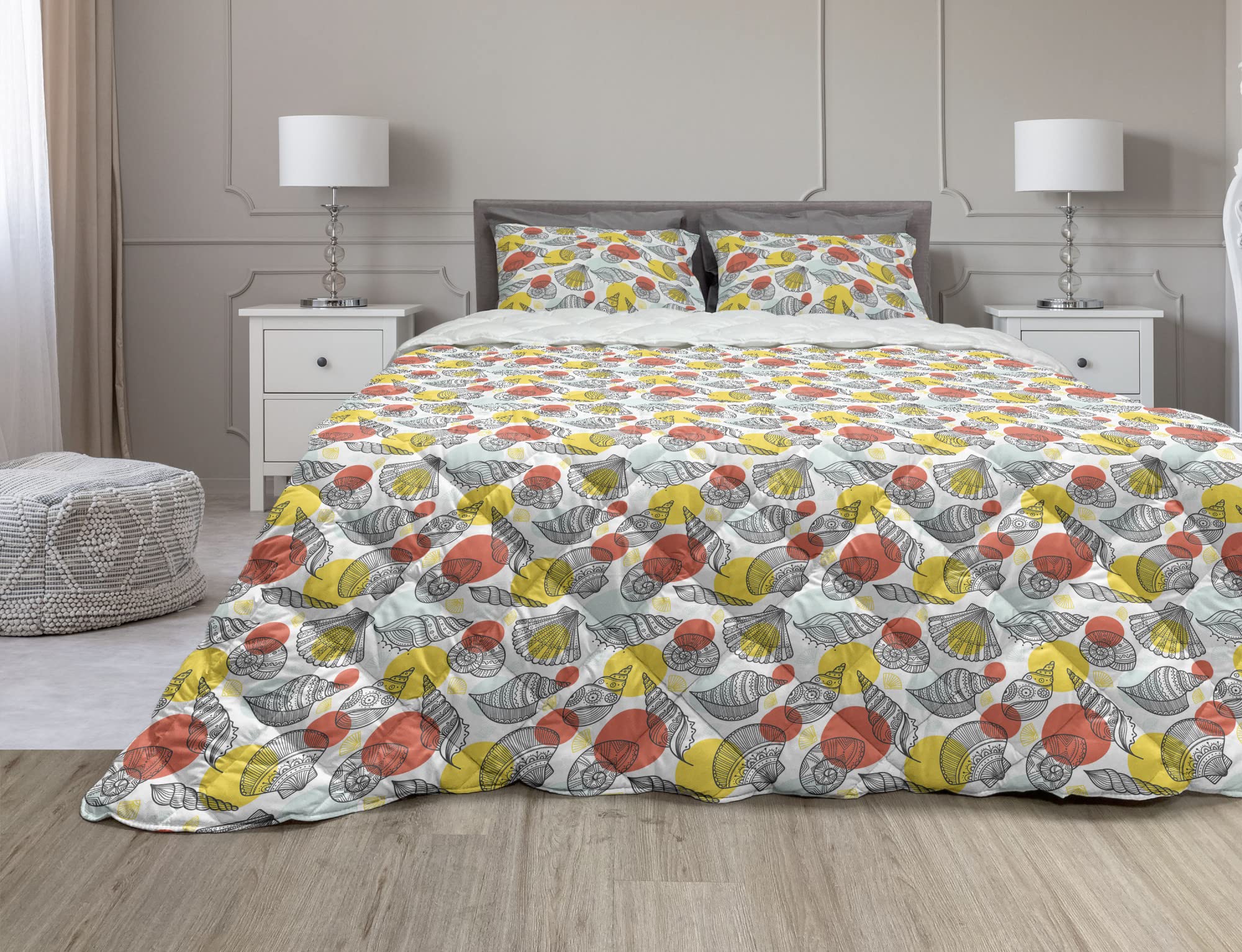 Ambesonne Marine Comforter & Sham Bedding Set - Bohemian Ethnic Style with Cockleshells & Abstract Circle Patterns, 2-Piece Microfiber Duvet Set in Grey Mustard & Dark Coral (Twin Size) | Perfect for Coastal Themed Bedrooms & Boho Chic Home Decor