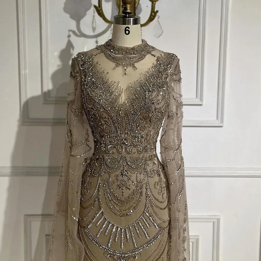 Elegant Dubai Gray Mermaid Beaded Lace Arabic Luxury Evening Dress for Women - Wedding, Party & Special Occasions | LA72517 | 2025 Collection