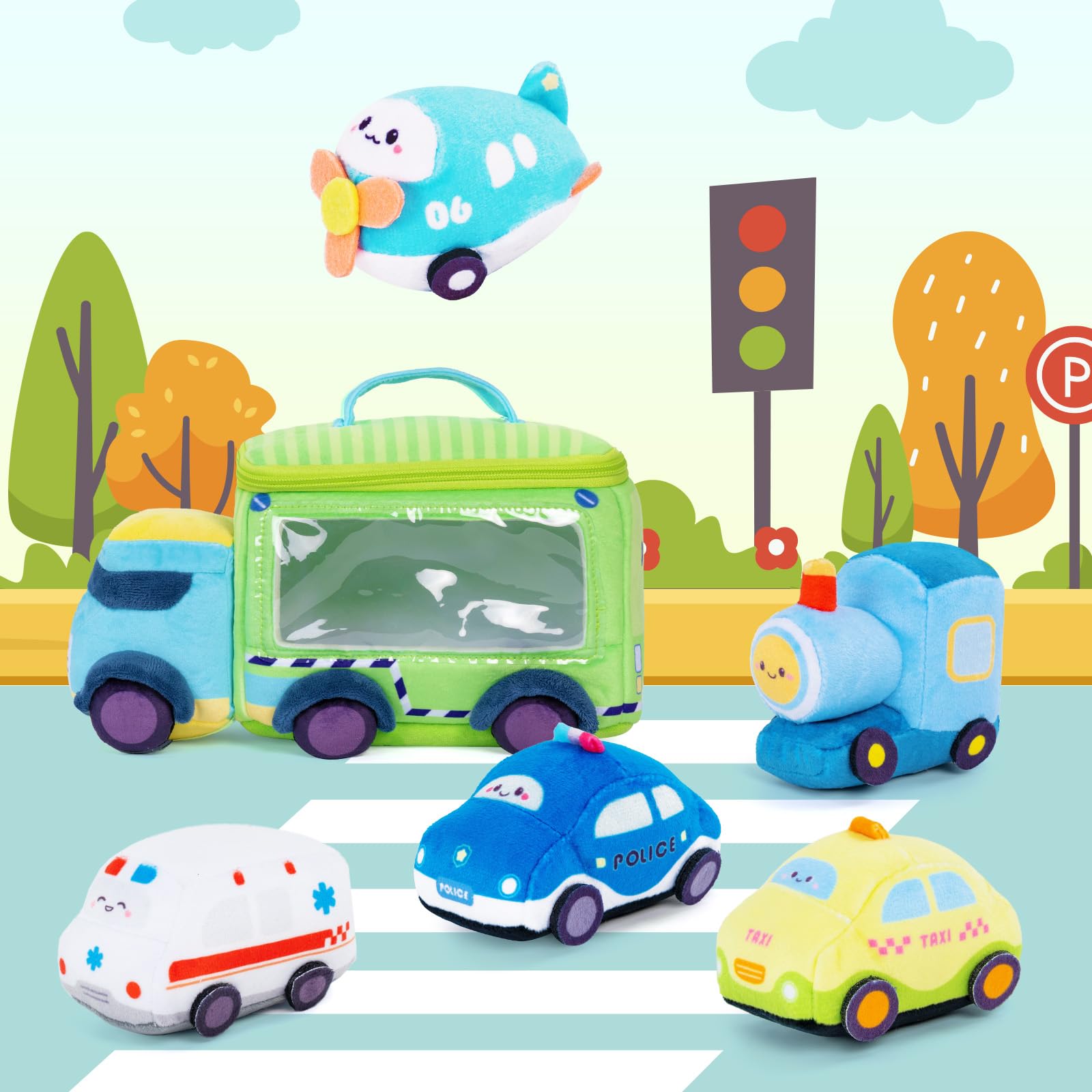 OUOZZZ Soft Baby Boy Toys - Plush Cars for Toddlers 1-3 Years | Little Blue Truck Stuffed Animal with Squeaker & Bell | Sensory Learning Toys | First Birthday Gift for Boys & Girls | Portable Play Set for Home, Travel & Daycare Activities