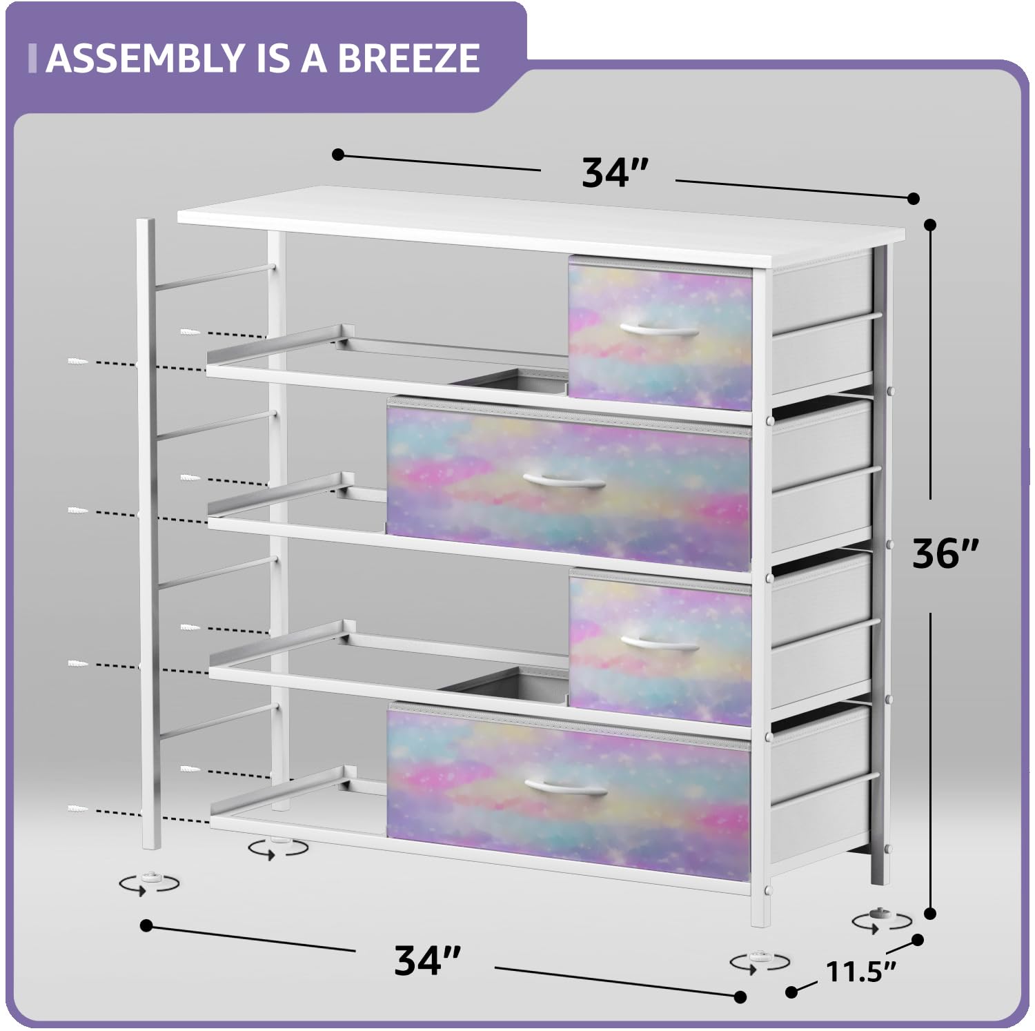 Sorbus 8-Drawer Dresser for Kids & Teens - Sturdy Steel Frame with Wood Top & Fabric Bins - Perfect for Bedroom, Nursery, Playroom Storage - Organize Clothes, Toys & More (Tie-Dye Pattern) - Ideal for Small Spaces & Shared Kids' Rooms