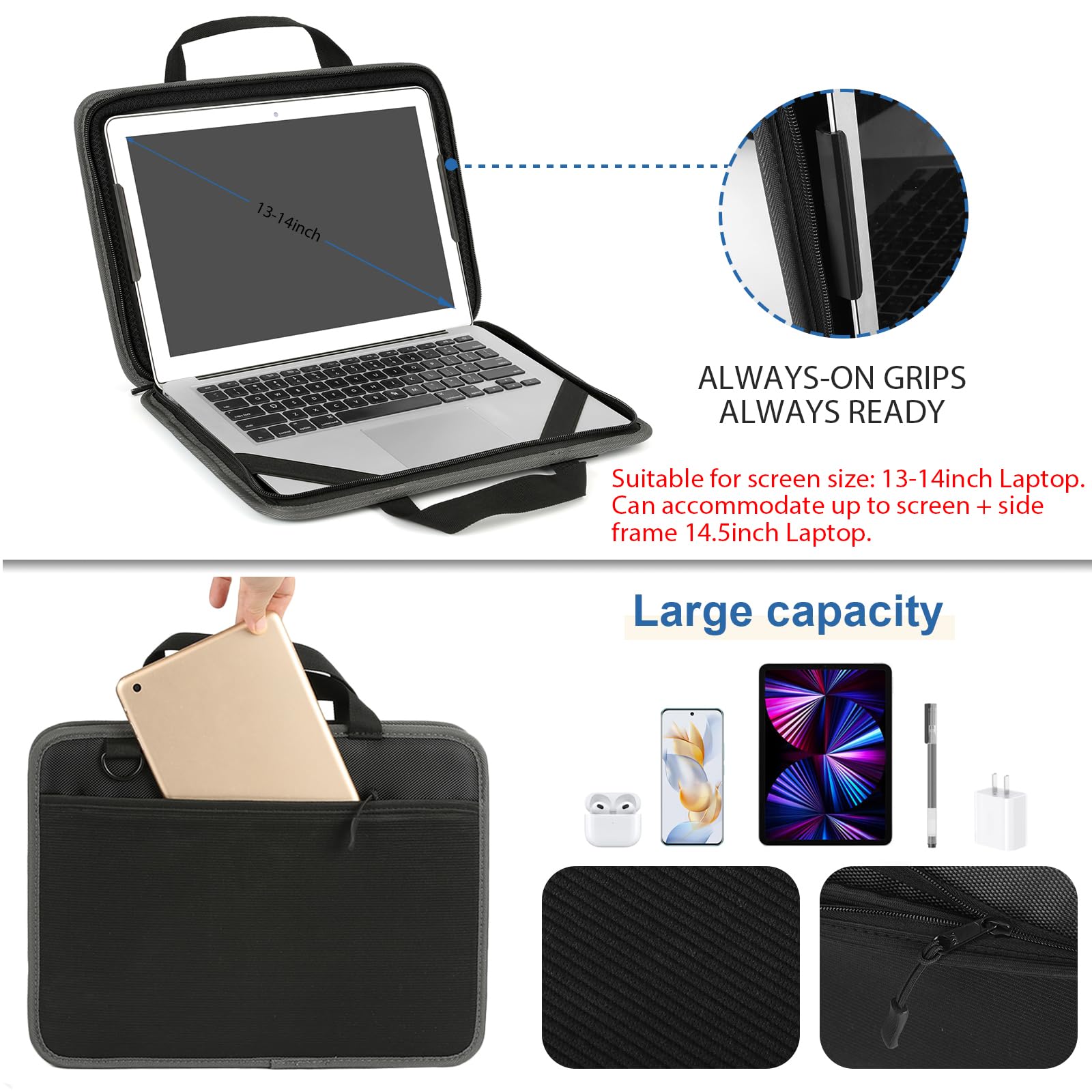 Shockproof 13-14 Inch Laptop Sleeve Case for MacBook Air/Pro, HP, Dell, Lenovo & Chromebook - Lightweight Protective Shoulder Bag (Black) | Perfect for Travel, Work & School