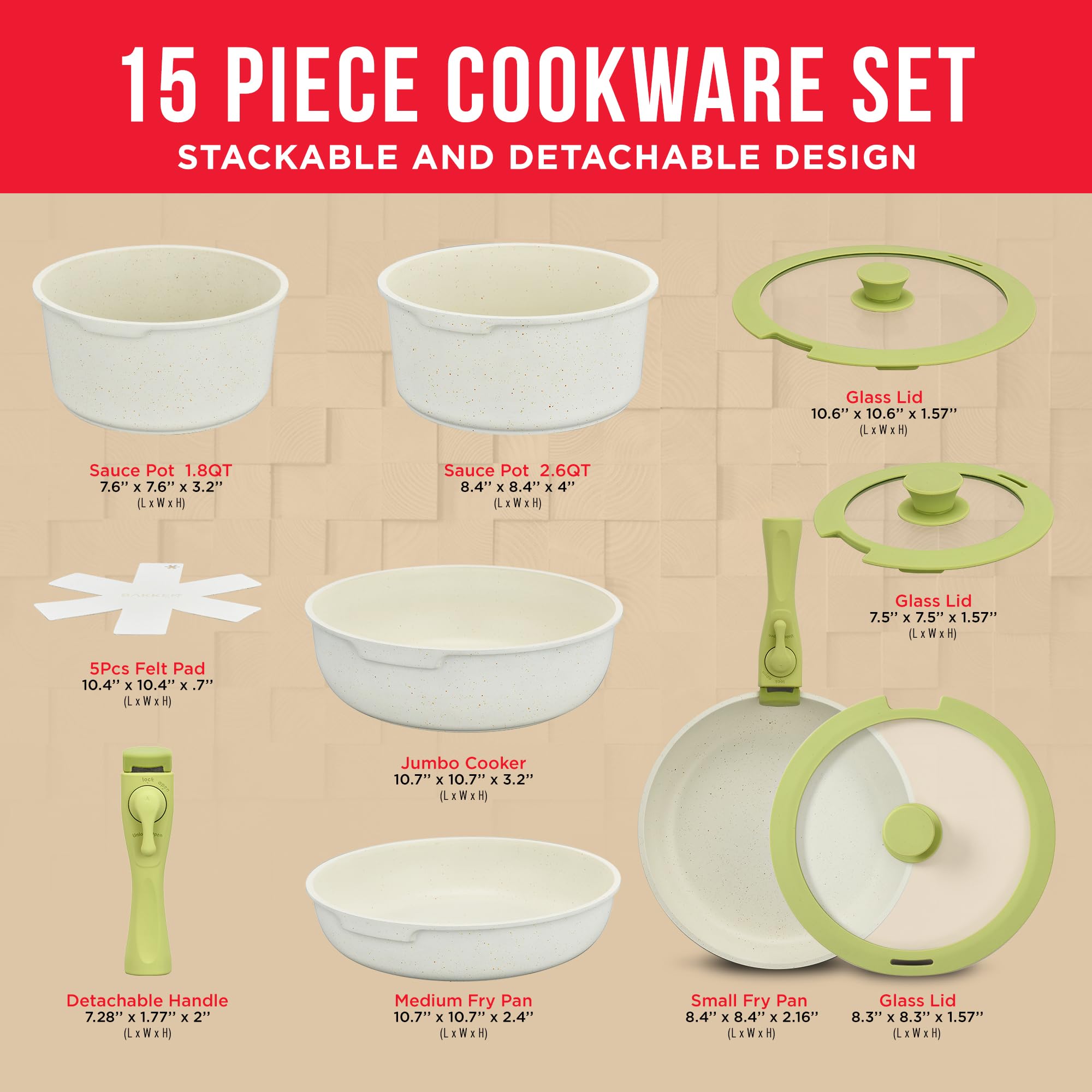 15-Piece Non-Stick Cookware Set with Detachable Handles - Granite Coated Stackable Pots & Pans, Dishwasher & Oven Safe, Induction Compatible for All Stovetops - Green/Cream Kitchen Essentials for Cooking, Baking & Meal Prep