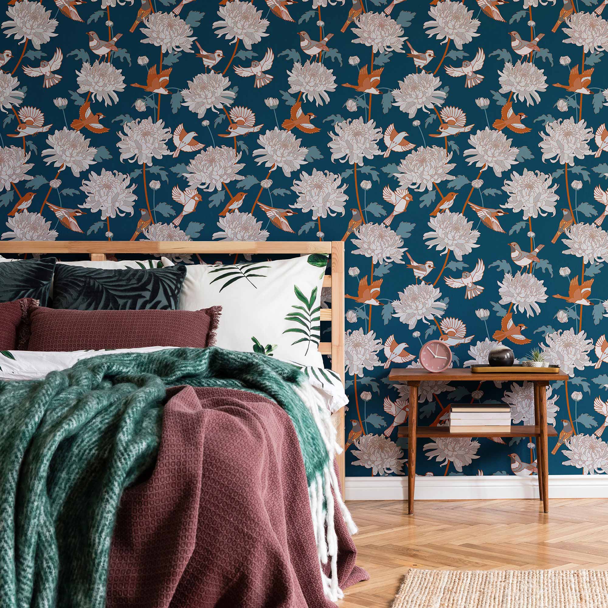 Blue Flowers Peel and Stick Removable Wallpaper 3414 - Self-Adhesive Decorative Wall Covering for Bedroom, Living Room & Nursery Decor