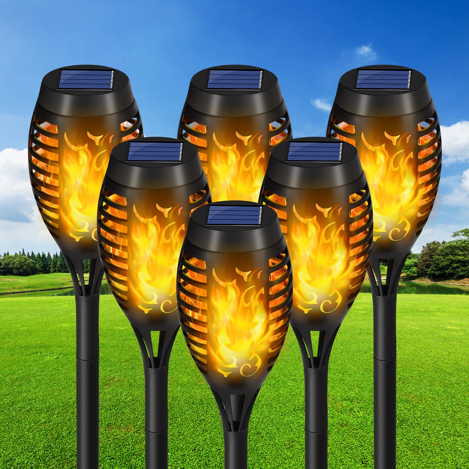 6 Pack Solar Torch Lights Outdoor Waterproof - Flickering Flame Solar Garden Lights with Auto On/Off for Yard, Patio & Landscape Decoration | Perfect for Backyard Parties, Pathway Lighting & Outdoor Ambiance