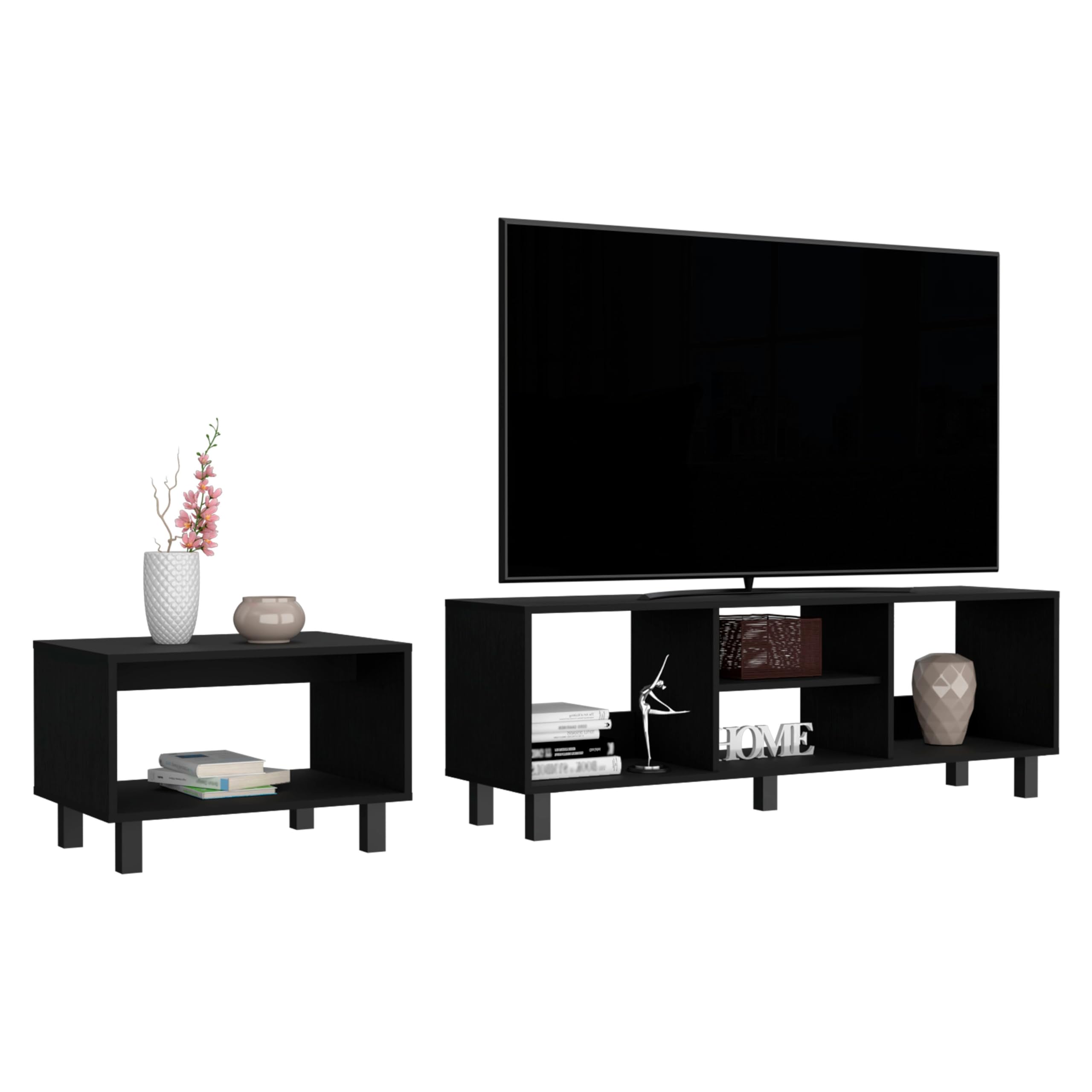 Black 2-Piece Living Room Set with TV Stand & Coffee Table for Modern Homes