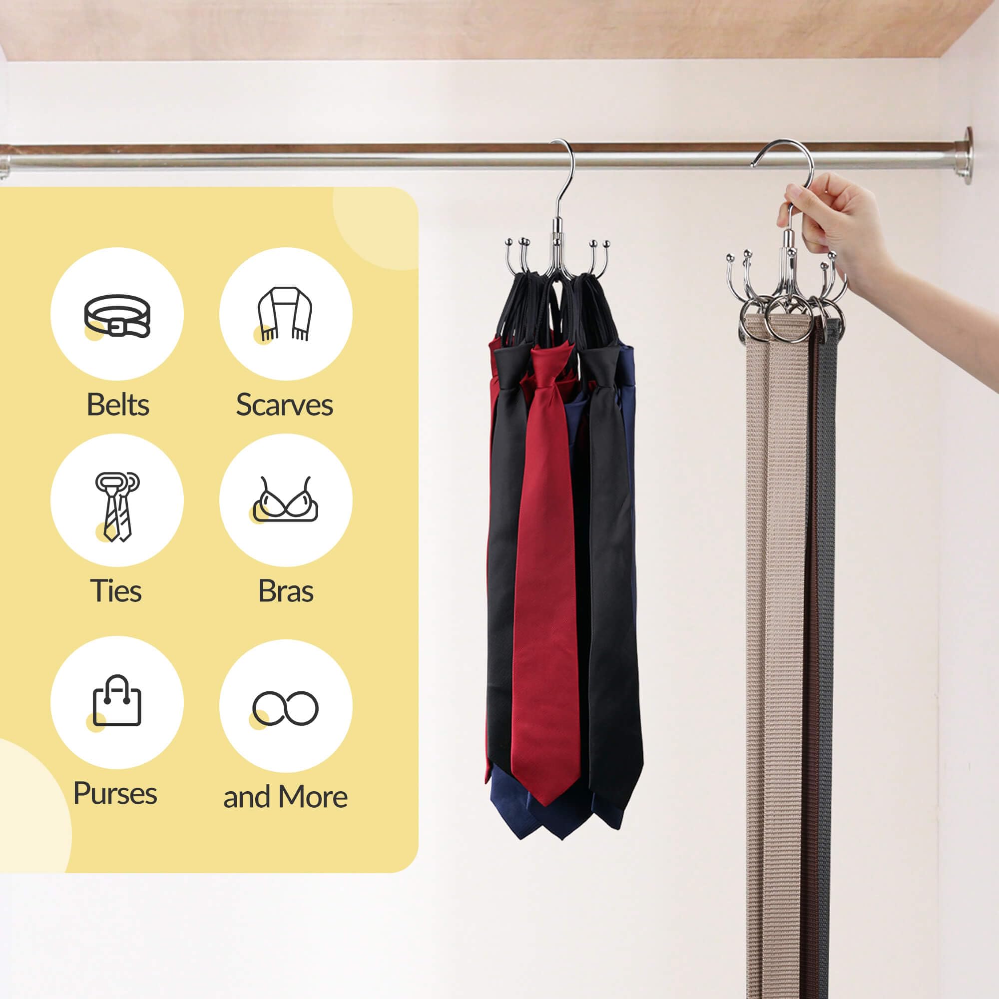 2 Pack Rotating Belt Hanger - Space Saving Closet Organizer with 48 Belt Capacity - Heavy Duty Belt Rack for Hanging Belts, Ties, Scarves - Perfect for Bedroom, Closet & Dorm Organization