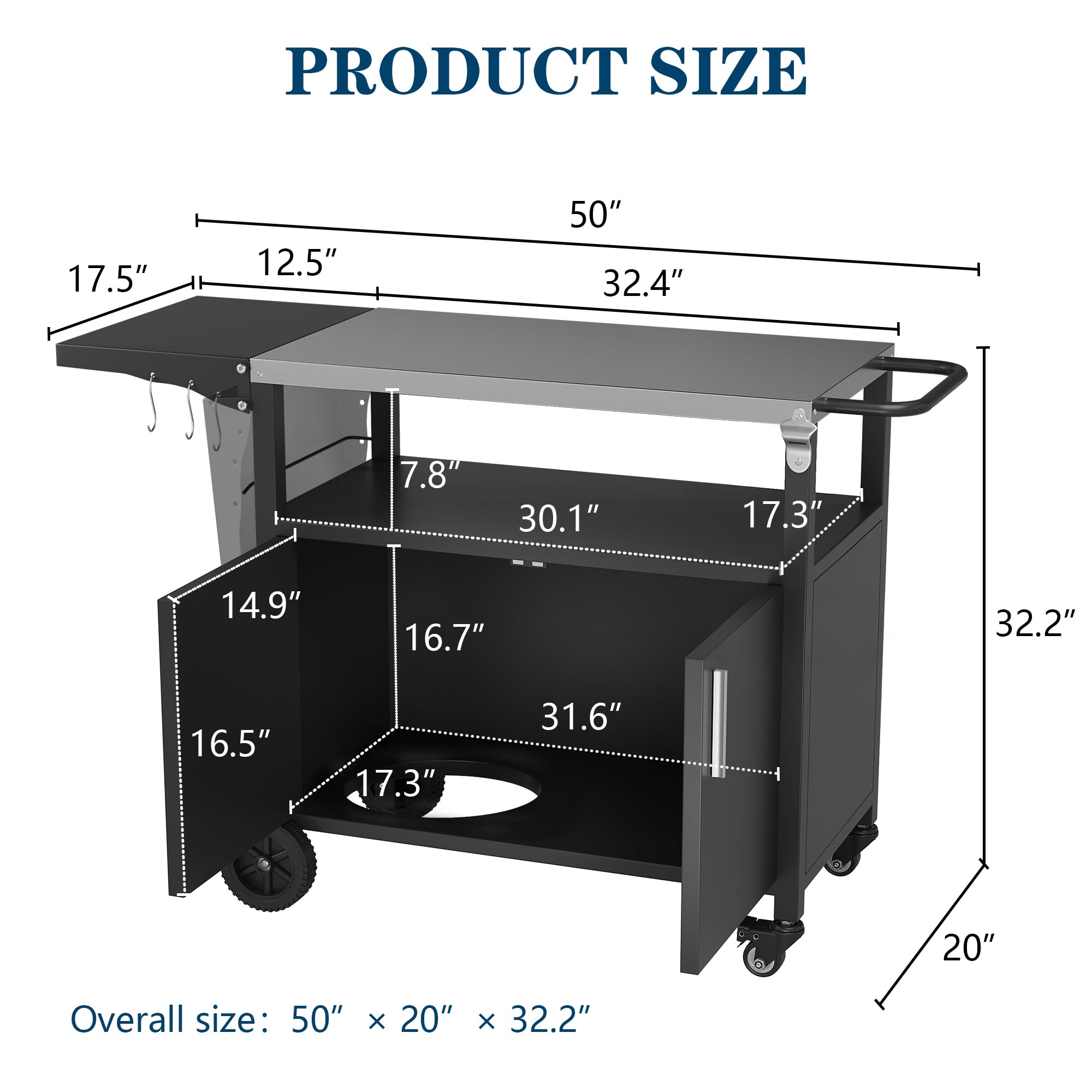 Premium Outdoor Grill Cart with Storage & Wheels - Patio Kitchen Island BBQ Table, Movable Pizza Oven Stand with Foldable Tabletop & Cabinet - Perfect for Backyard Cooking, Tailgating & Camping (Black)