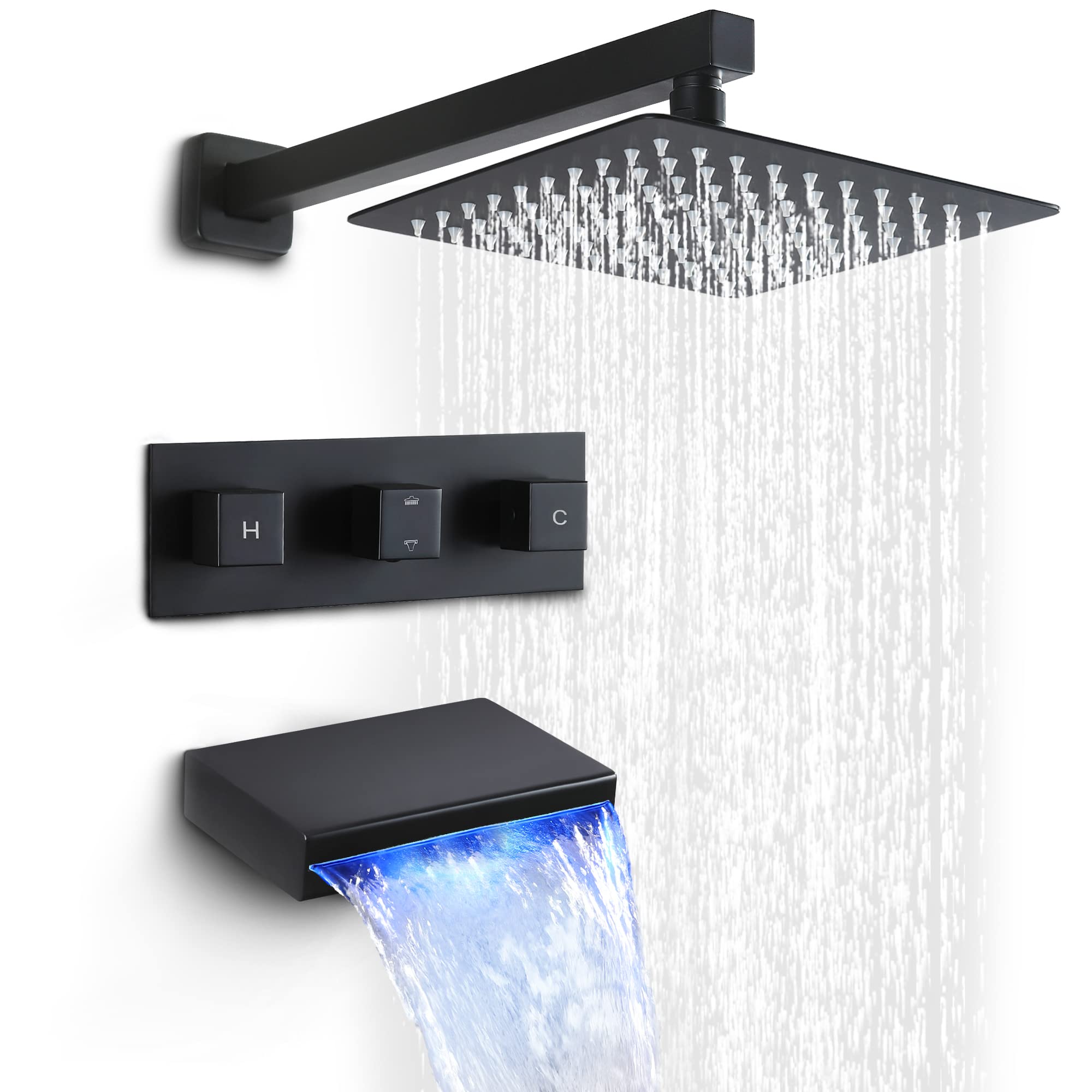 SKOWLL 10 Inch Rainfall Shower System - Matte Black Wall Mounted Shower Faucet Set with Tub Spout & 3 Handle Controls | Luxury Bathroom Upgrade for Spa-Like Experience