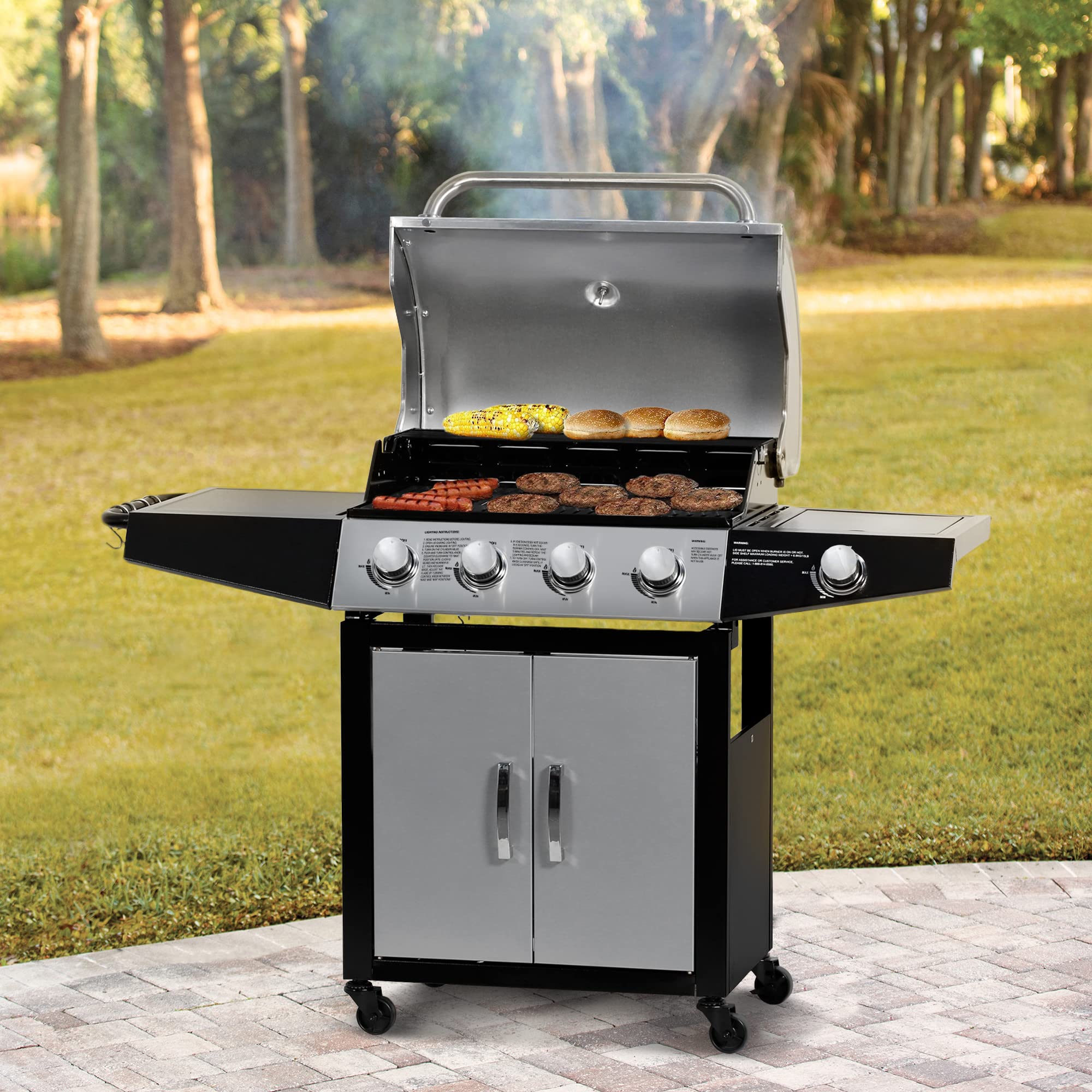 MASTER COOK 4-Burner Outdoor Propane Gas Grill with Side Burner - Stainless Steel BBQ Grill for Backyard, Patio & Camping - Silver Black (Liquid Propane)