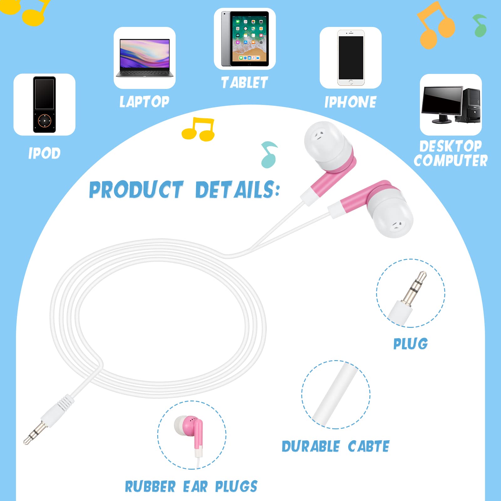Kigeli 500 Pack Bulk Wired Earbuds - Colorful Classroom Headphones for Kids & Adults - Compatible with Smartphones, Laptops - Perfect for School, Library, Online Learning & Office Use
