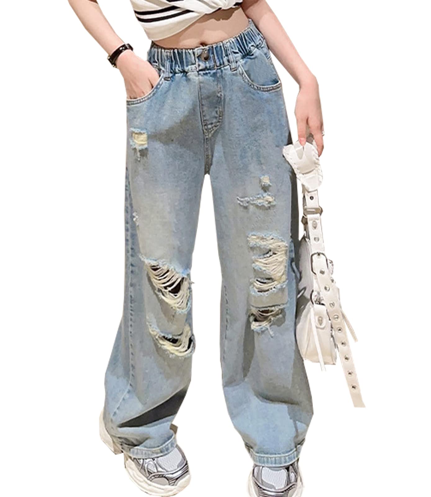 NABER Kids Girls Stretch Elastic Waist Cool Ripped Jeans - Washed Denim Wide Leg Distressed Jeans for Girls Age 5-15 Years - Perfect for School, Playdates & Casual Outfits