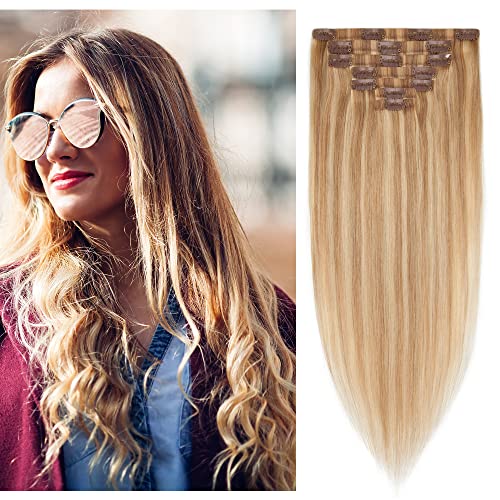 Seamless Clip-In Human Hair Extensions – 100% Remy Hair, Invisible PU Skin Weft, Natural Highlight Thick Straight Hair – 7-Piece Set with 16 Clips (20 Inches, #18P613, 115g) – Perfect for Daily Wear, Parties, Weddings & Special Occasions