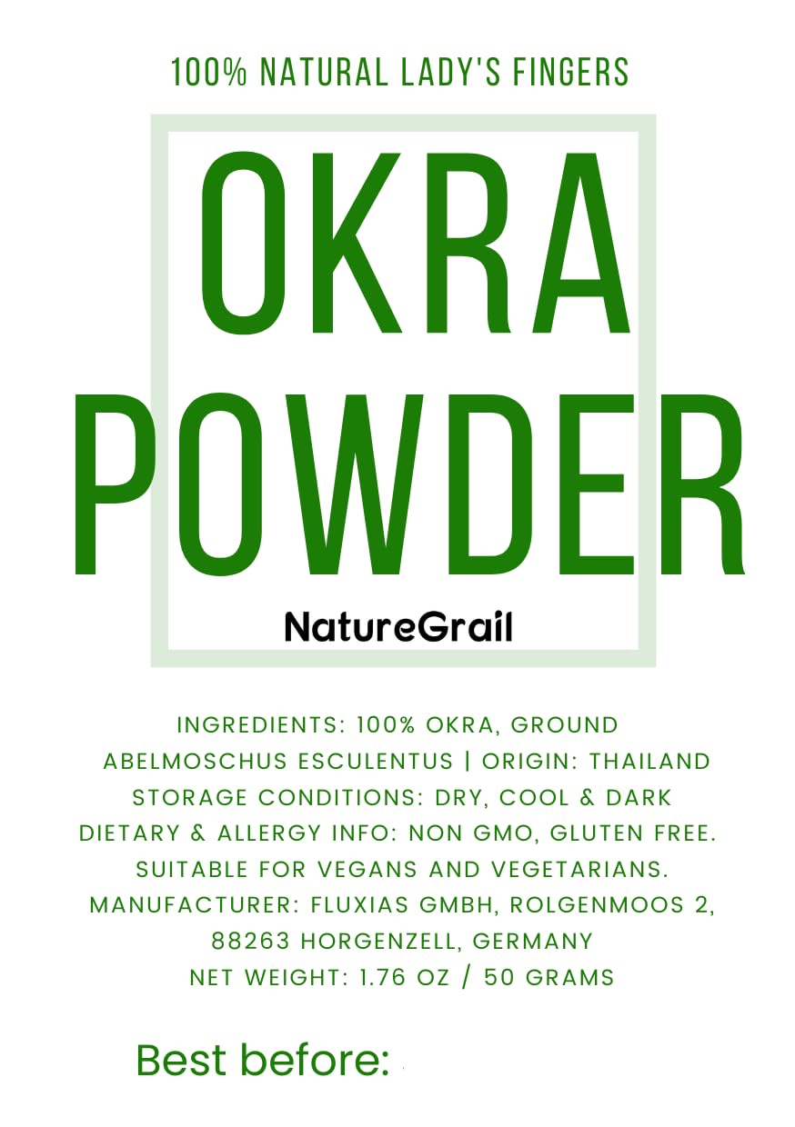 100% Pure Okra Powder (Lady's Finger Powder) - Natural & Organic Abelmoschus Esculentus - 1.76oz/50g for Smoothies, Baking & Healthy Recipes