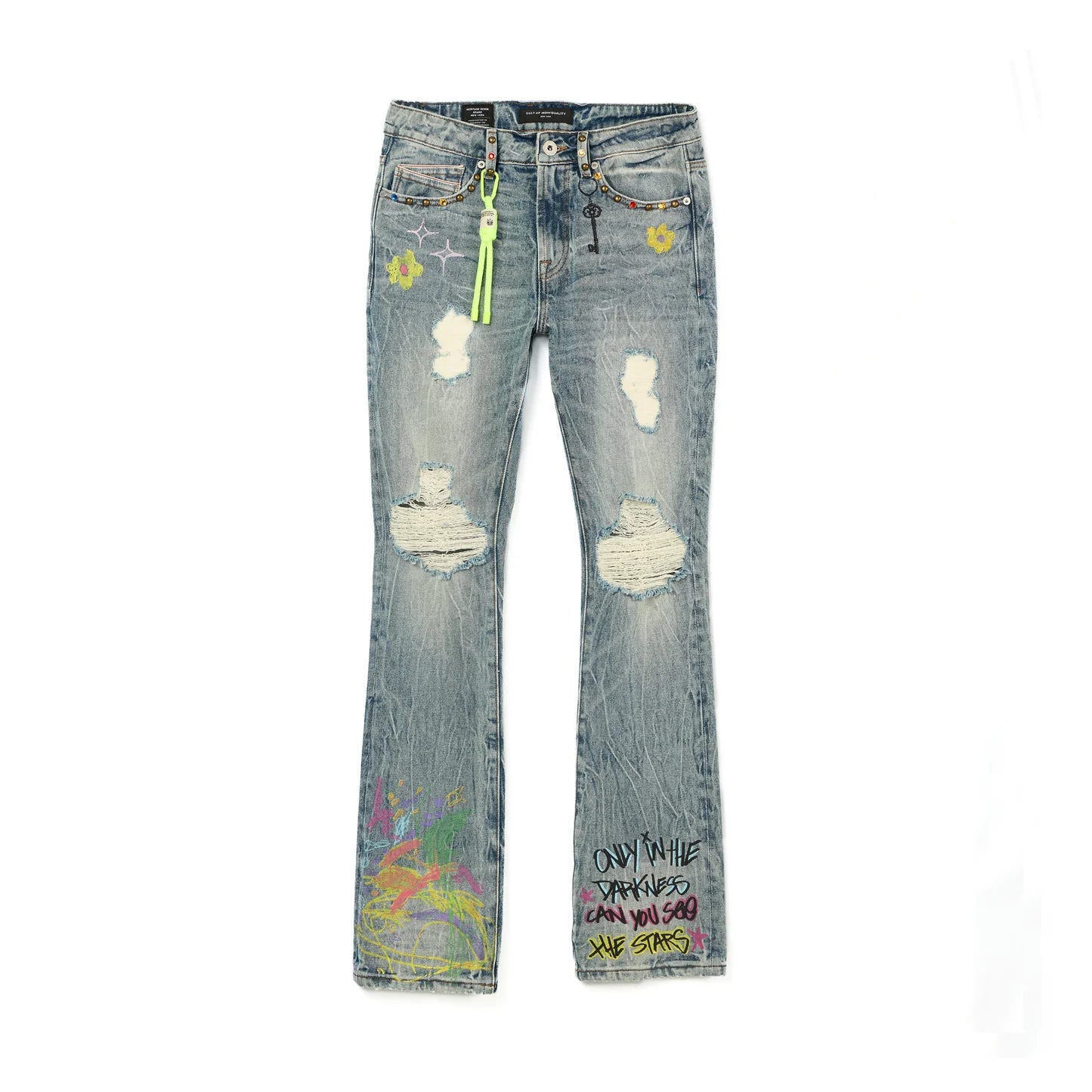 CULT OF INDIVIDUALITY Lenny Bootcut 603 Jeans for Women - Distressed Finn Graffiti Denim Pants, High Waist Slim Fit Jeans | Perfect for Casual Wear, Street Style & Night Out